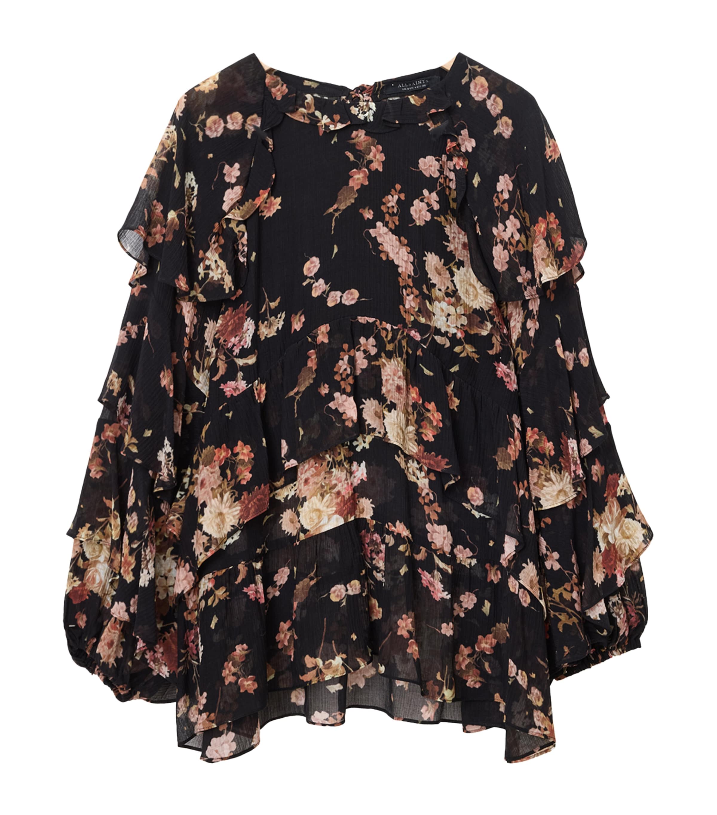 Allsaints Womens Armada Black Lissie Floral Print Ruffled Woven Top In Black