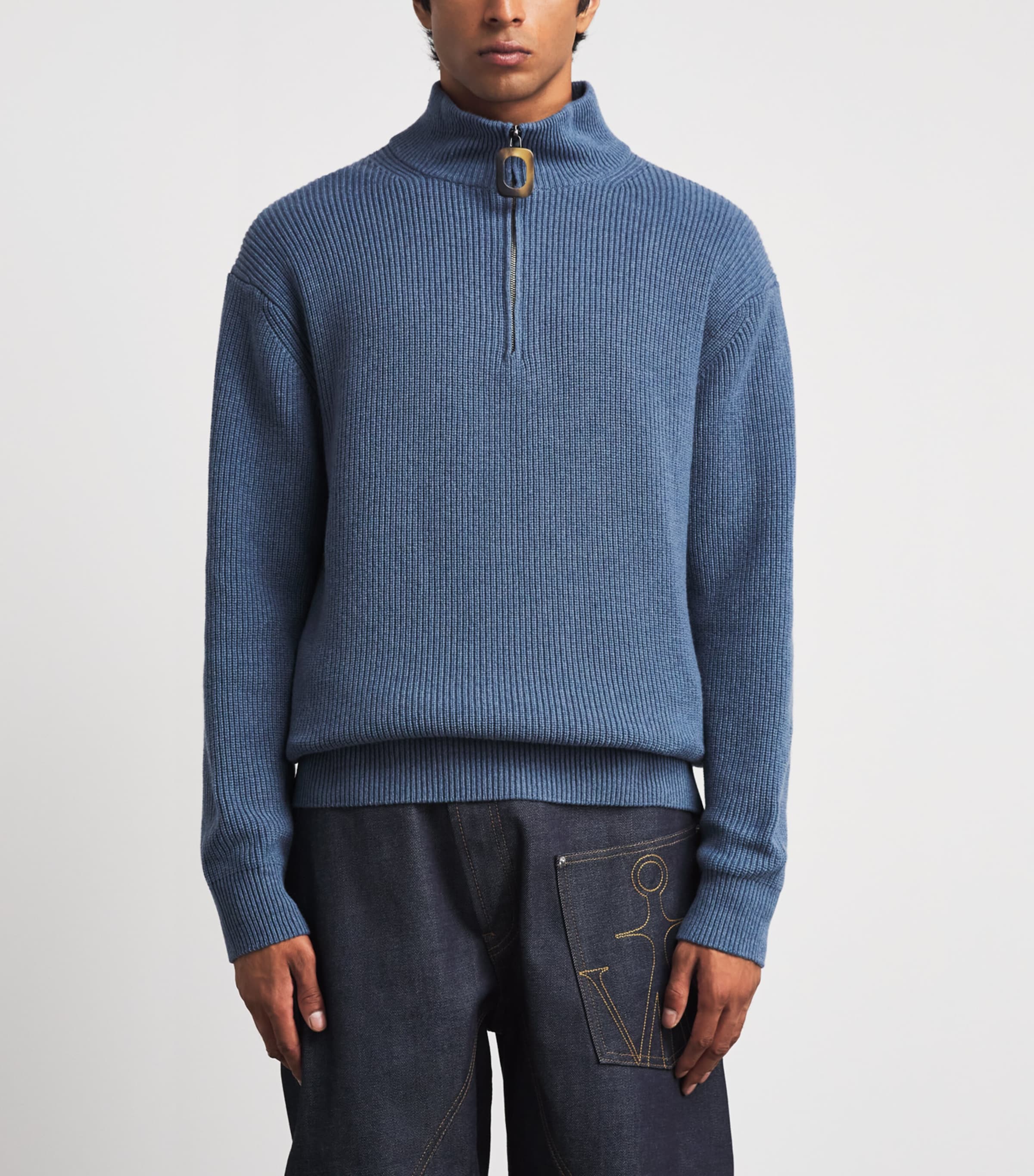 JW Anderson Mens Wool-Cotton Half-Zip Sweater Smoke Blue Image 4