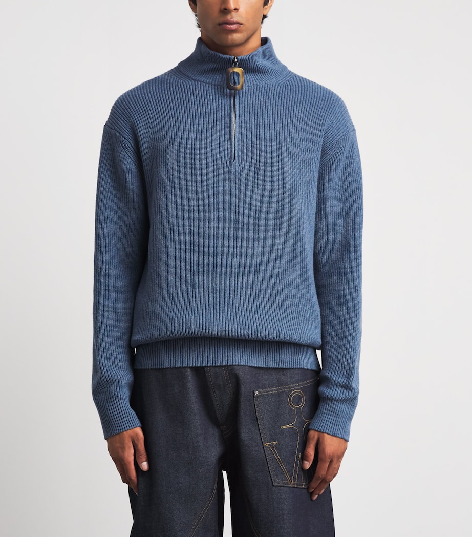 JW Anderson Mens Wool-Cotton Half-Zip Sweater Smoke Blue Image 4