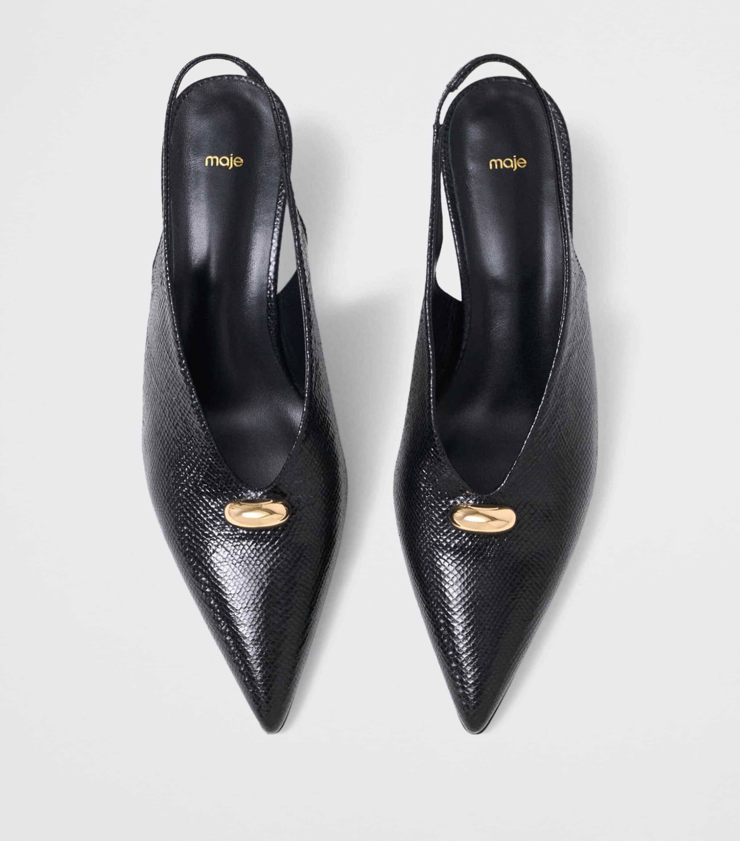 Maje Snakeskin-Embossed Leather Slingback Heels 50 Black Image 3