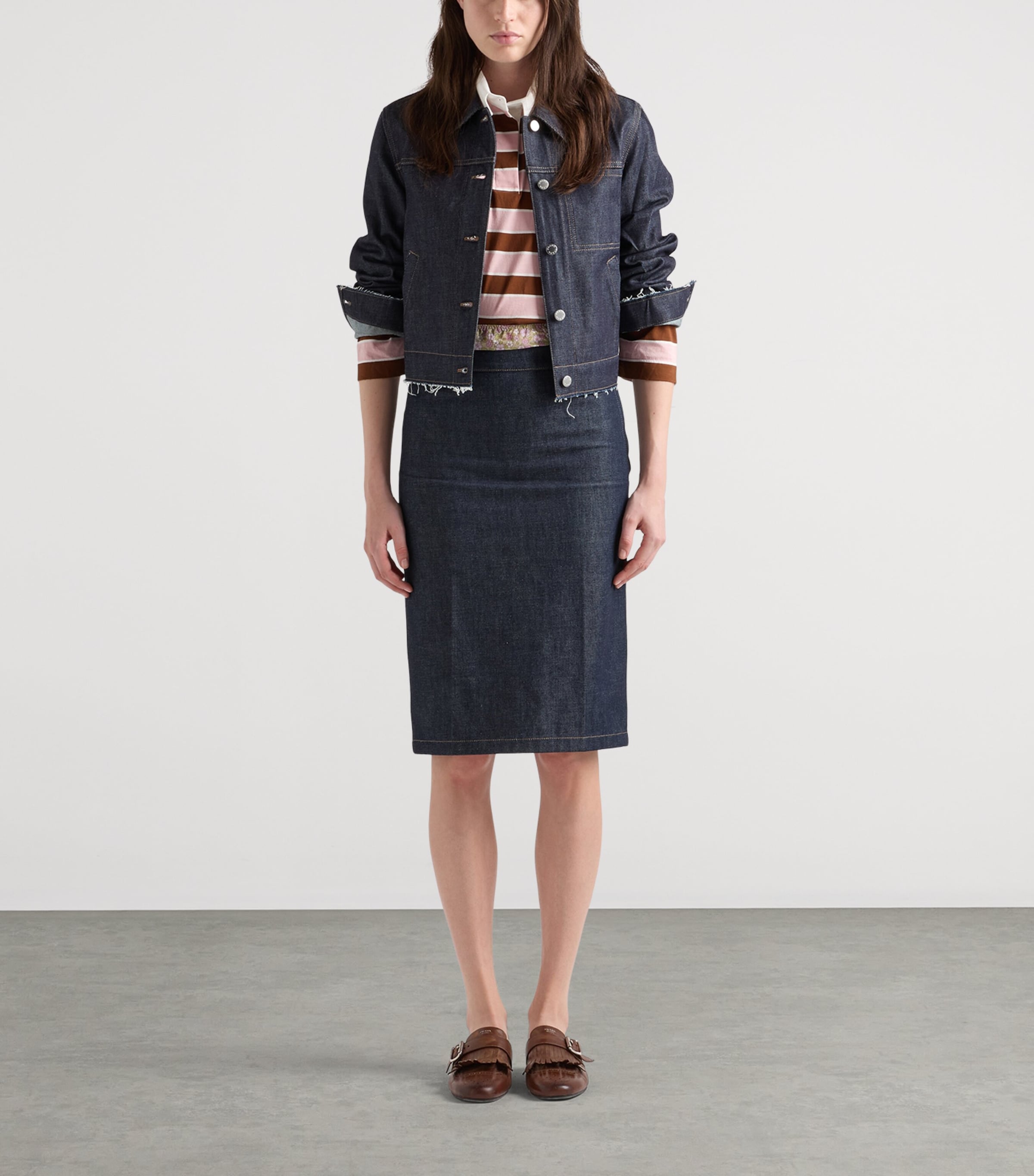 Prada Womens Raw-Hem Denim Jacket Blue Image 2