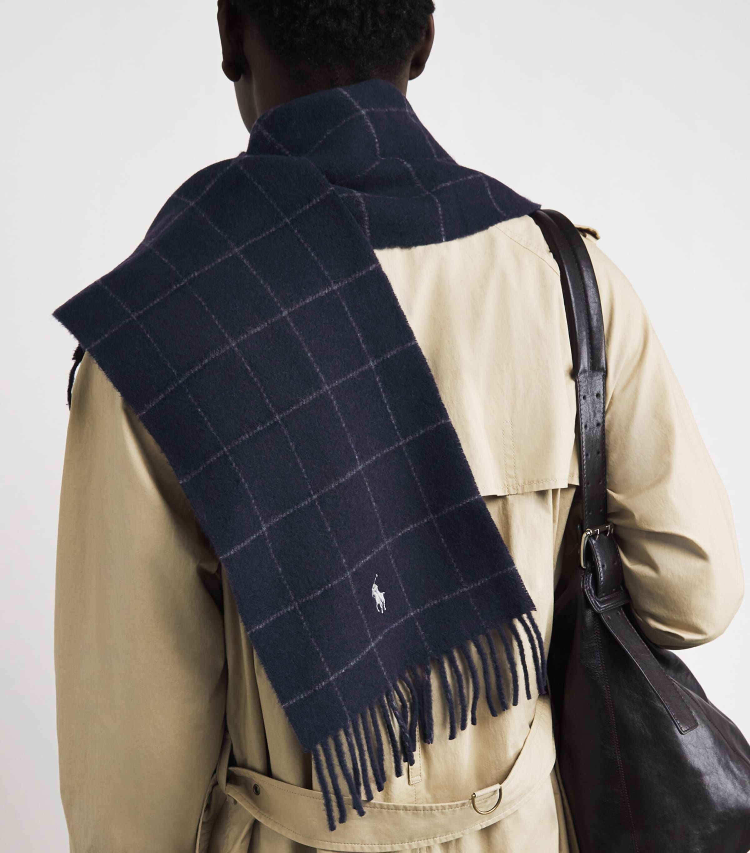 Polo Ralph Lauren Blue Wool-Blend Windowpane Check Scarf Harrods KZ