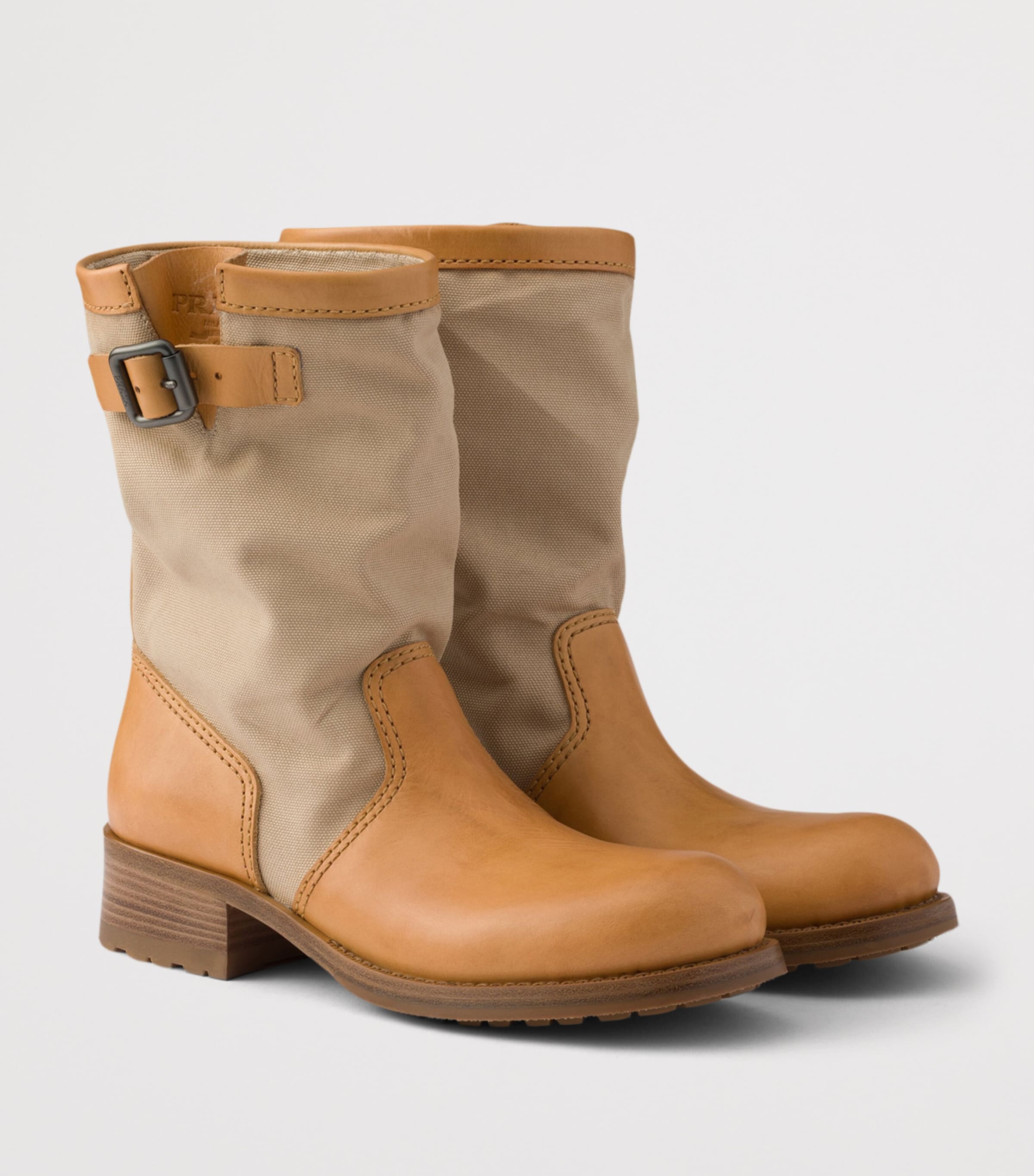 Prada Leather-Canvas Mid-Calf Boots 30 Neutral Image 6