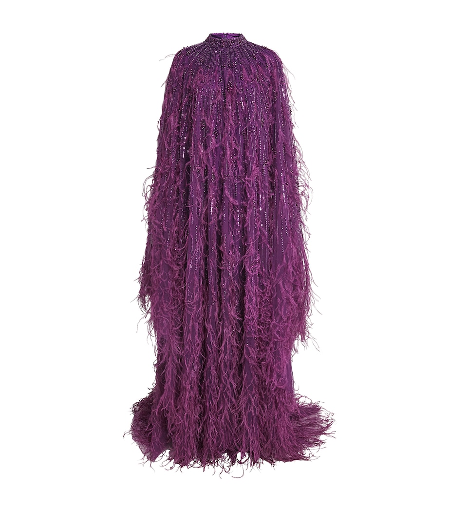 Pamella Roland Womens Tulle Embellished Feather-Trim Gown Amethyst Image 1