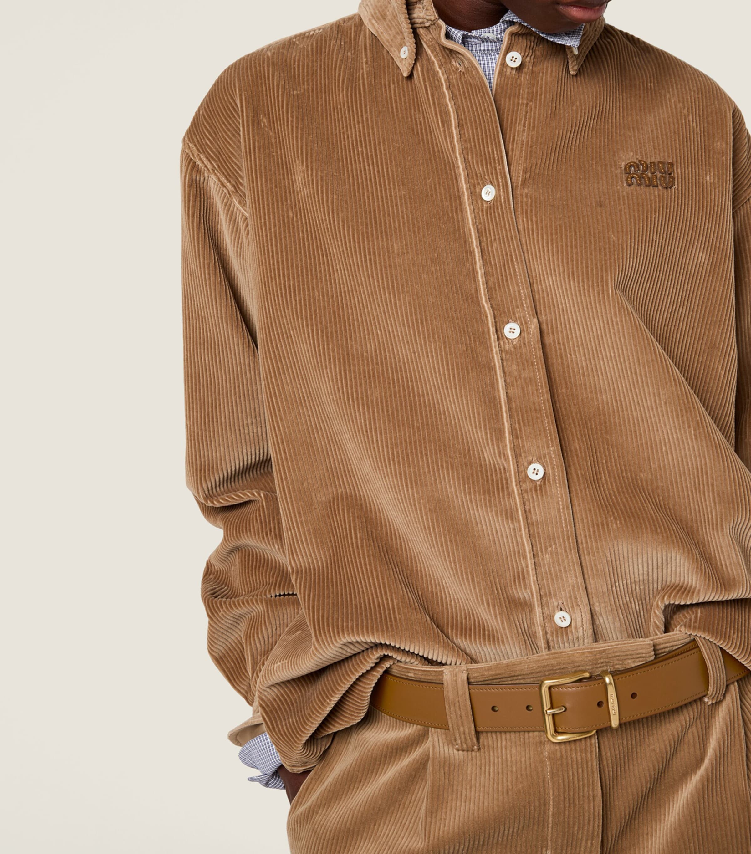 Miu Miu Womens Corduroy Suede-Trim Shirt Image 5