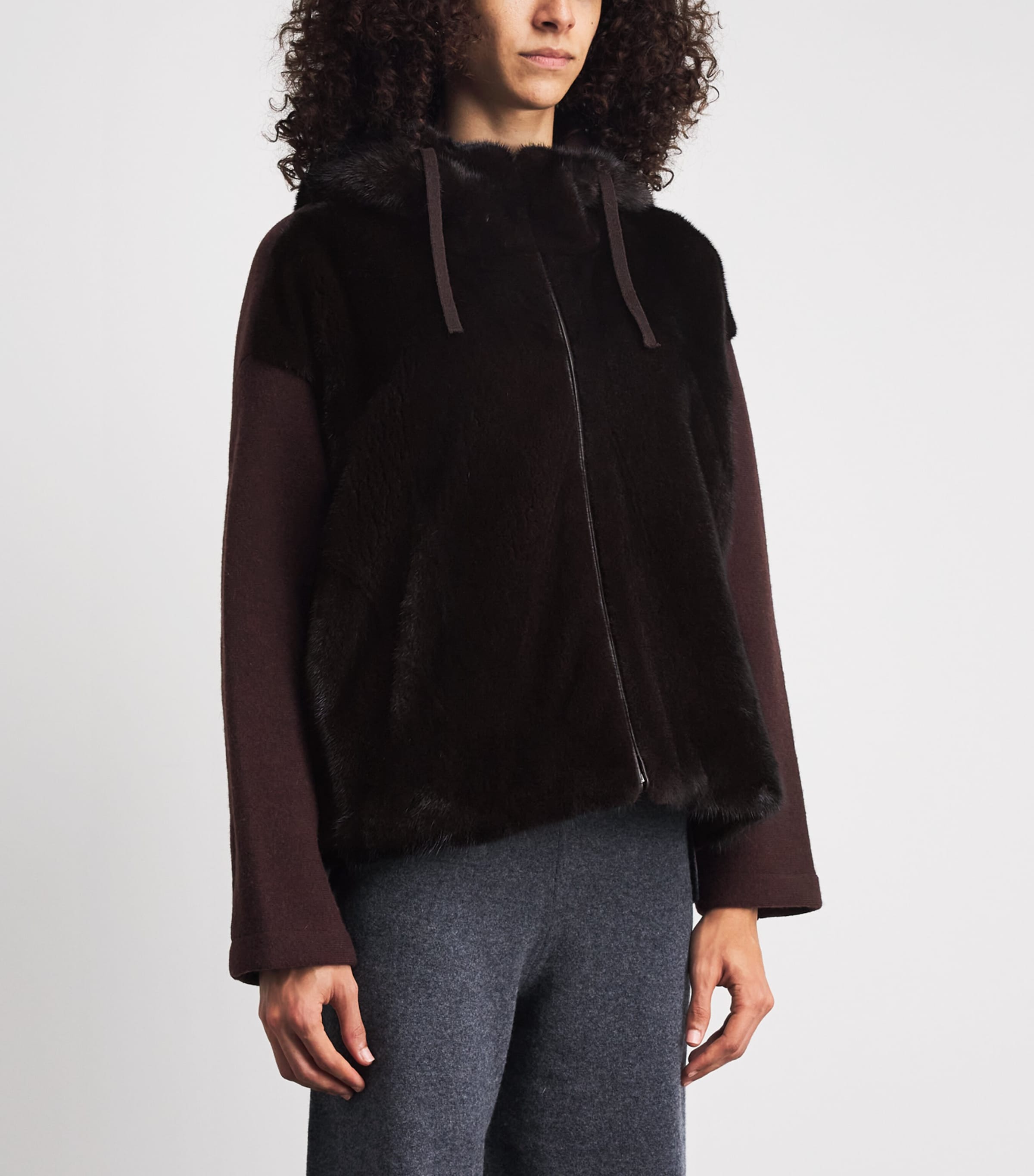 Yves Salomon Womens Wool-Blend Mink Front Hoodie Image 4