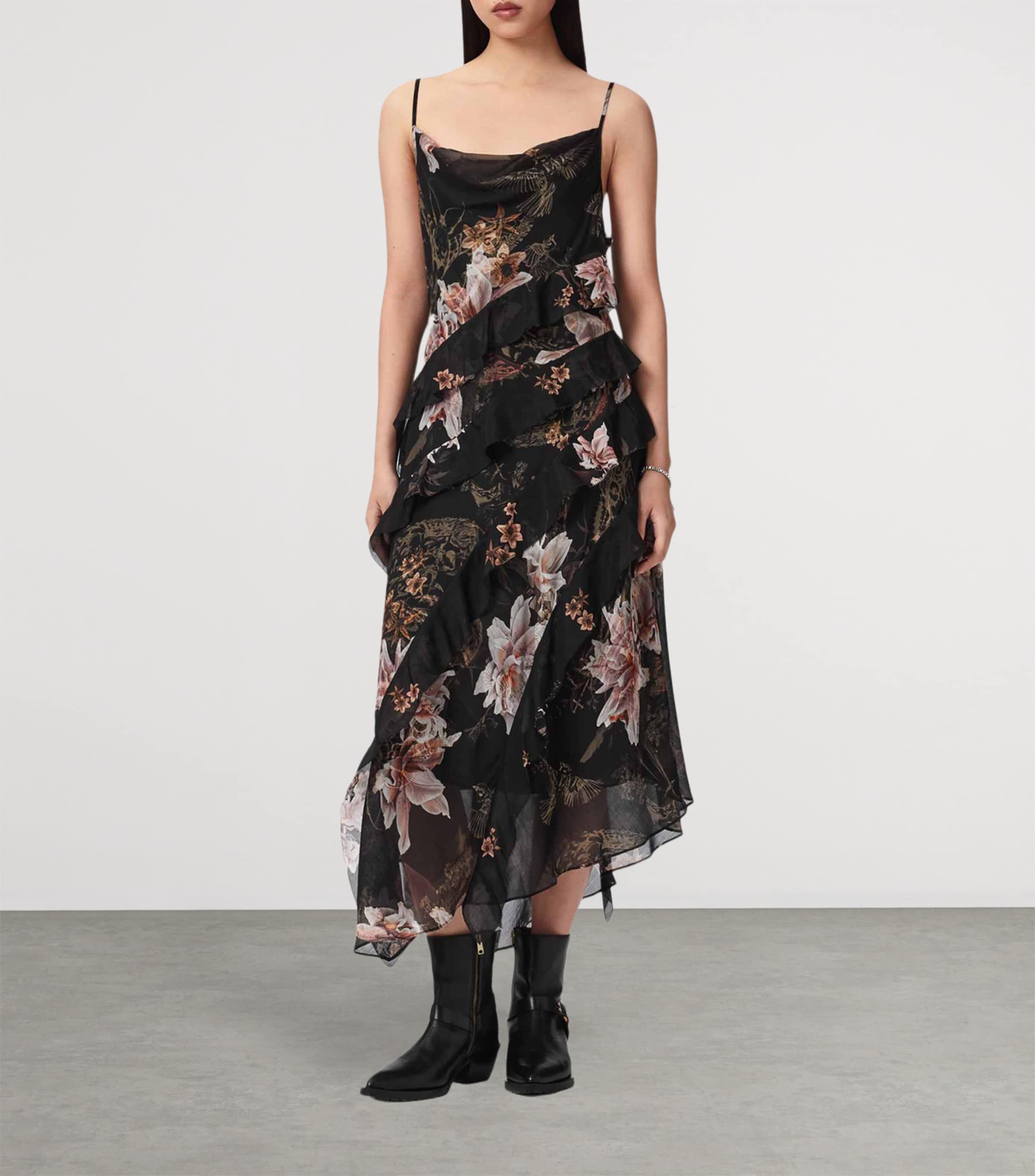 AllSaints Womens Floral Ruth Midi Dress Crystal Black Image 2