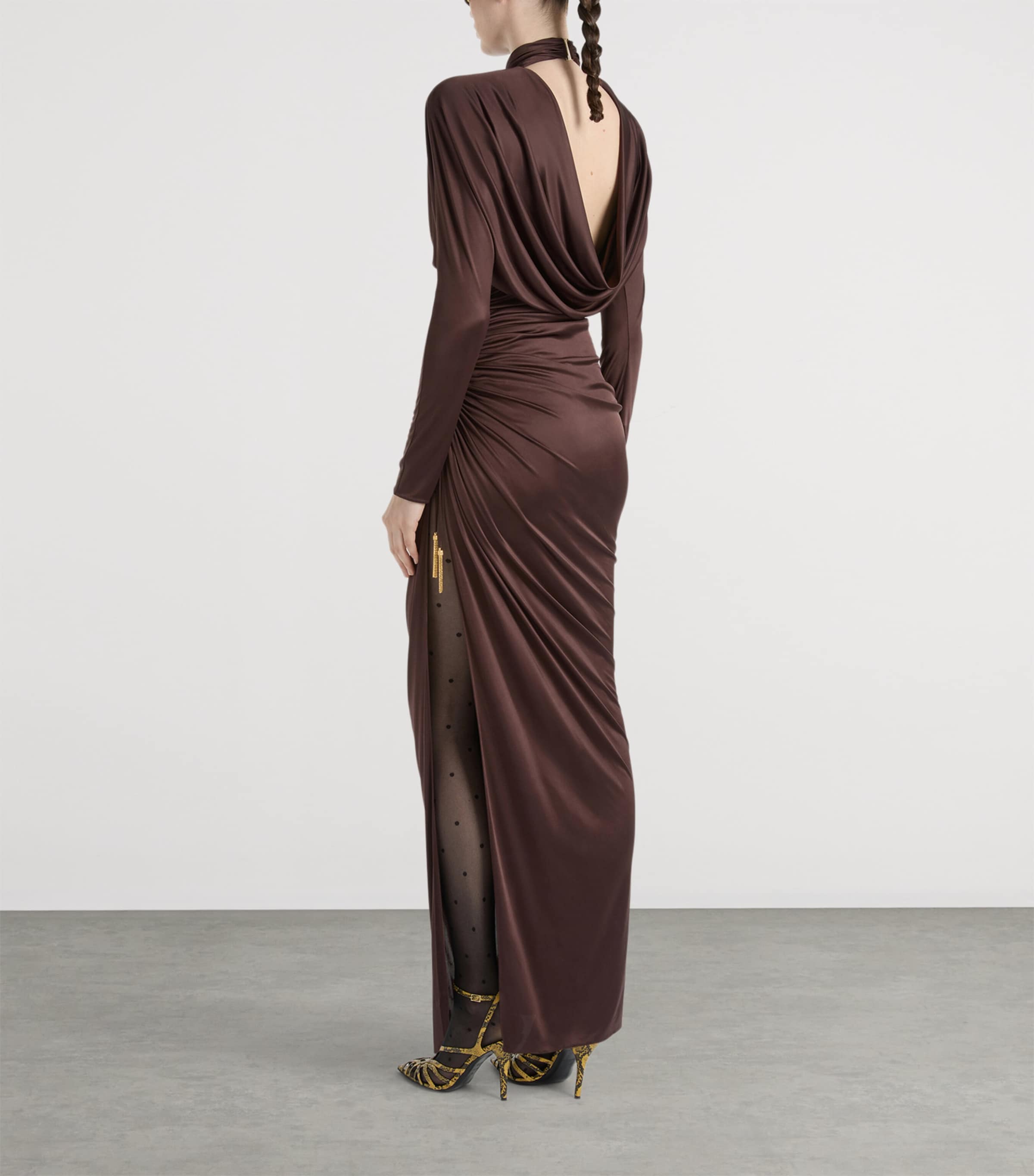 Balmain Womens Draped Long-Sleeve Maxi Dress Brown Marron Image 5