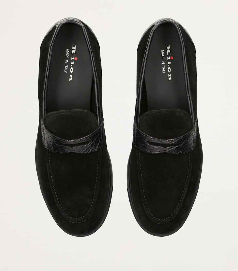 Kiton Suede Crocodile Leather-Detail Penny Loafers Black Image 4
