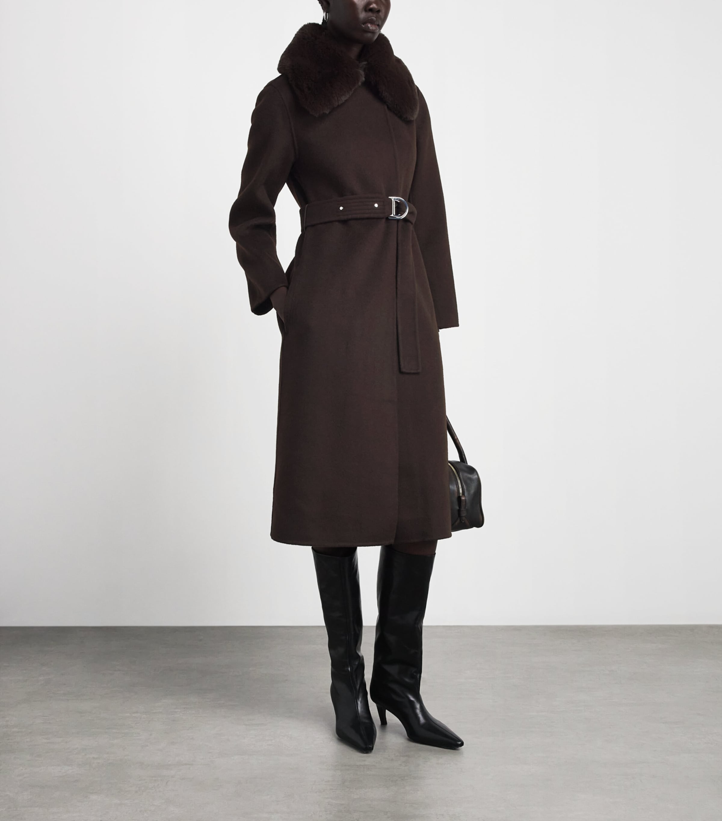 Maje Womens Wool-Blend Faux Fur-Collar Coat Brown Image 2