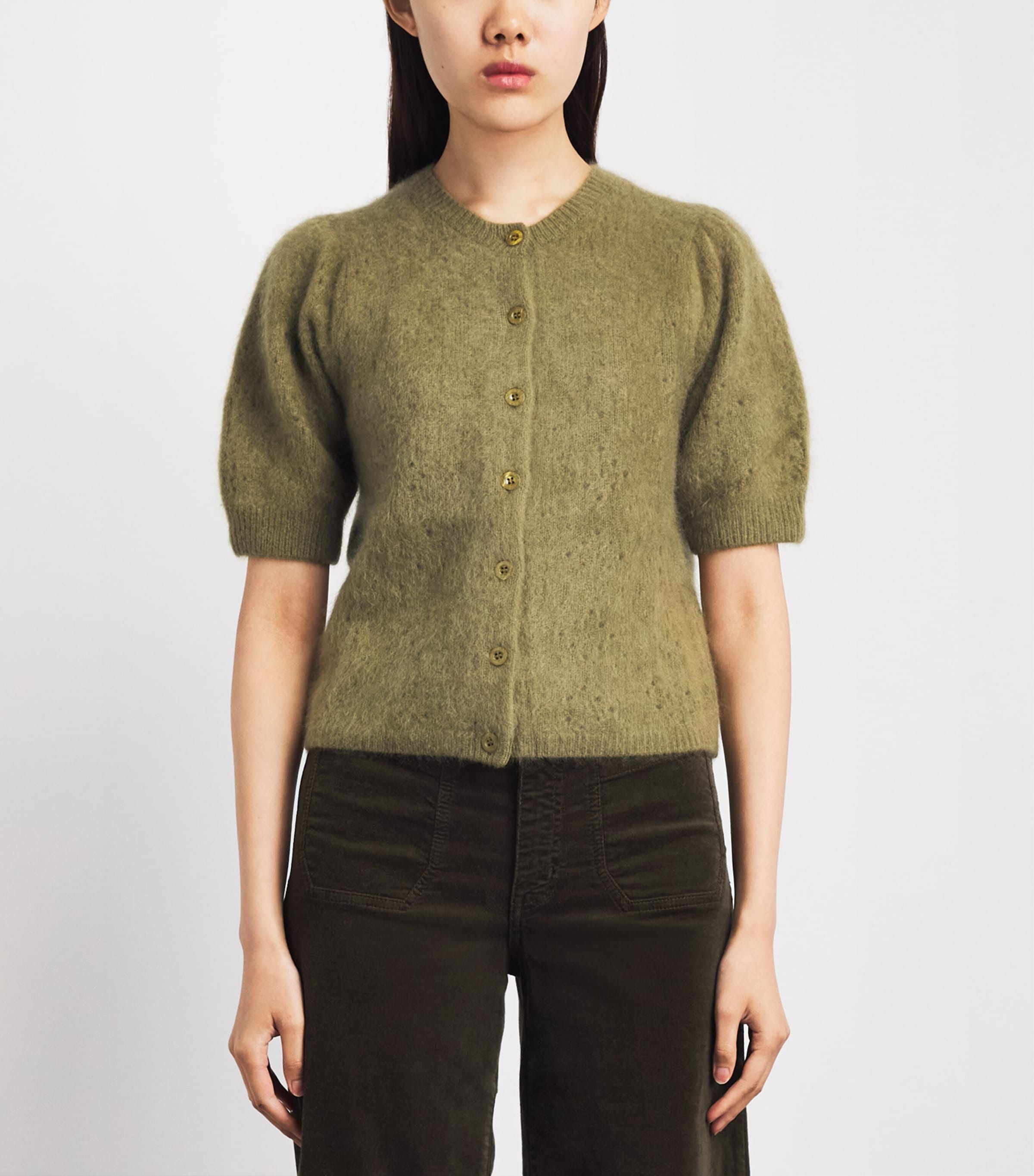FRAME Womens Cashmere Short-Sleeve Cardigan Deep Olive Image 4