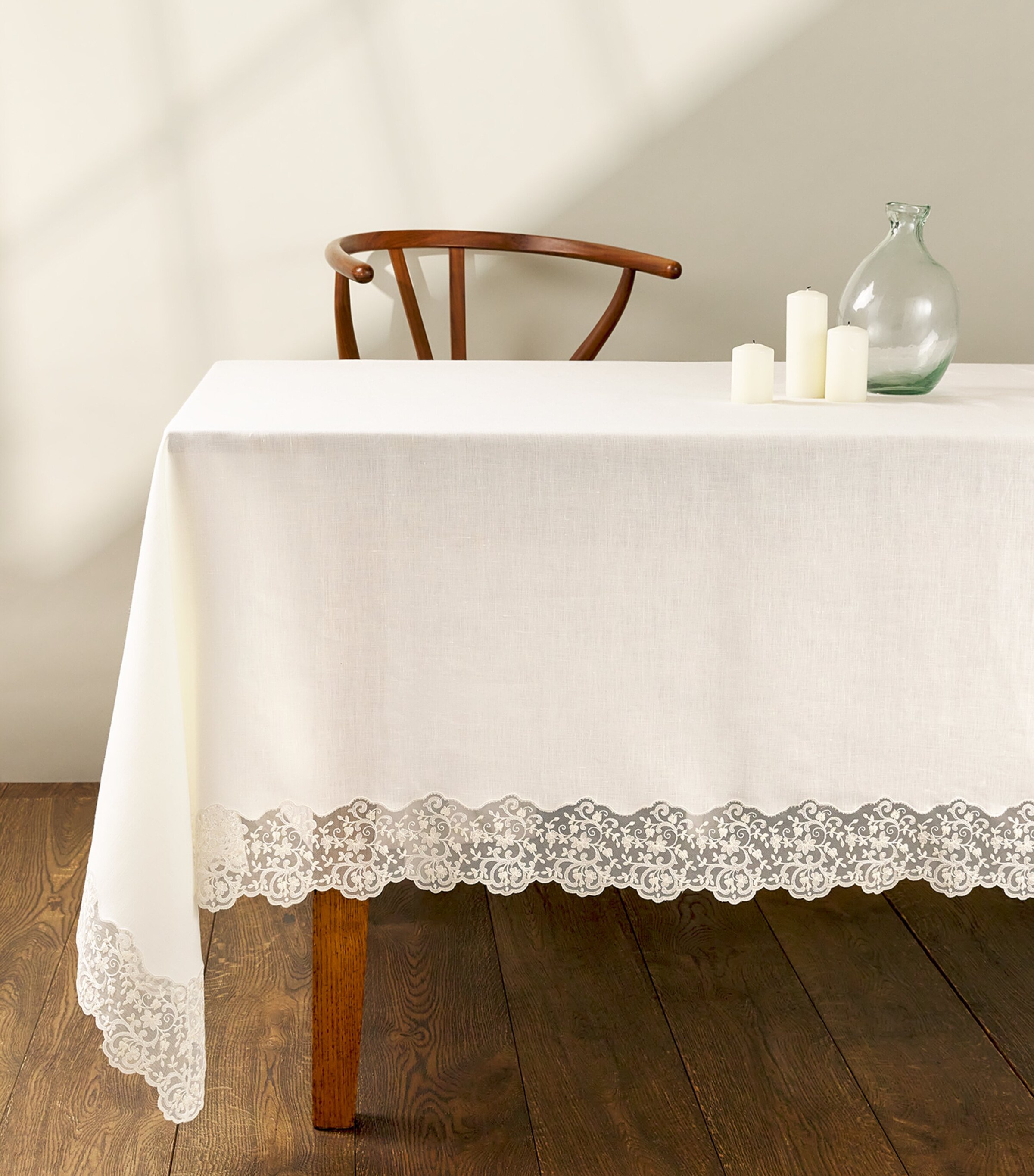 Linen Lace-Trim Elite Tablecloth (170cm x 270cm) IVORY/IVORY Image 2