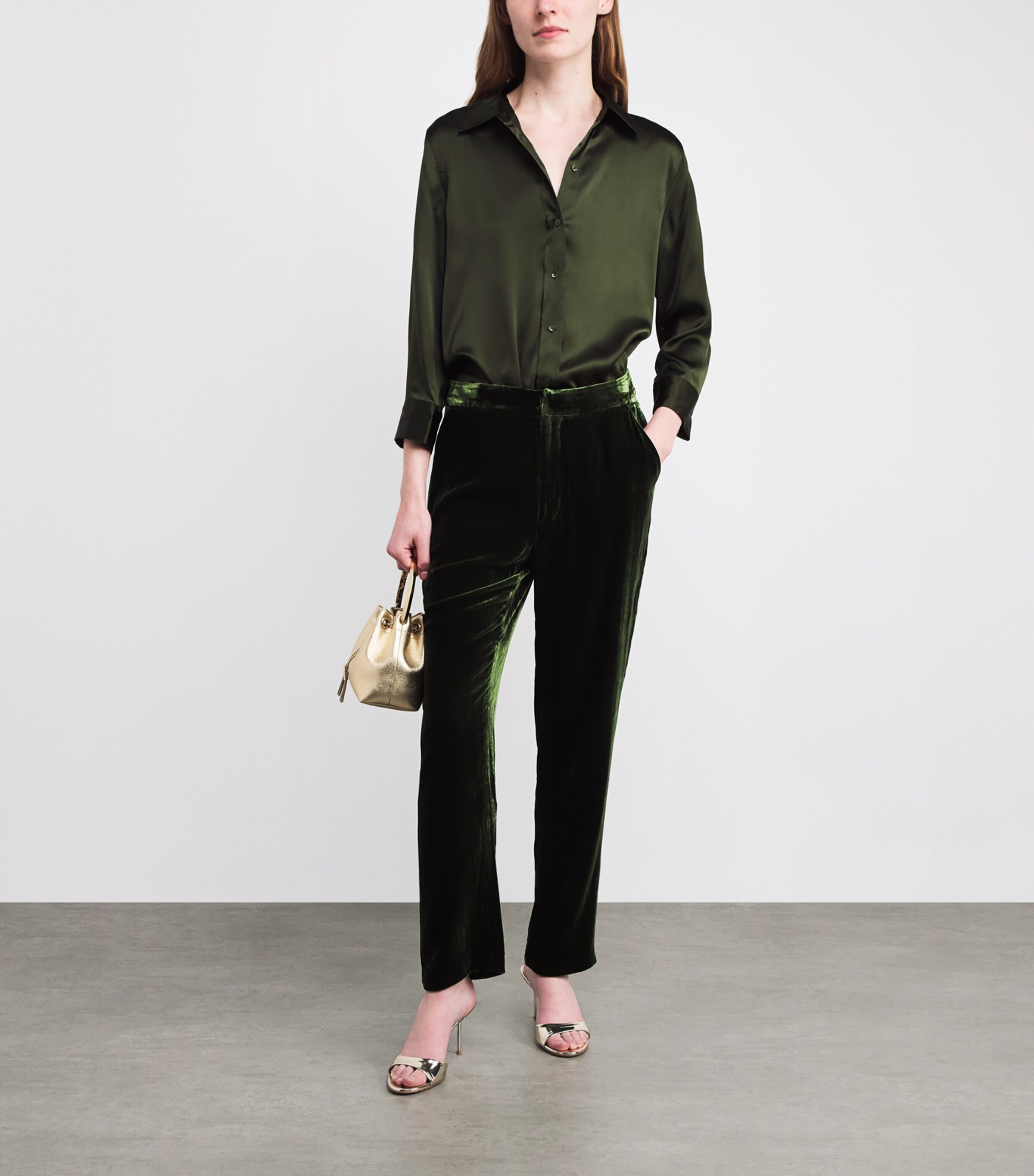 Silk Cropped-Sleeve Dani Shirt DEEP OLIVE DEOL Image 2