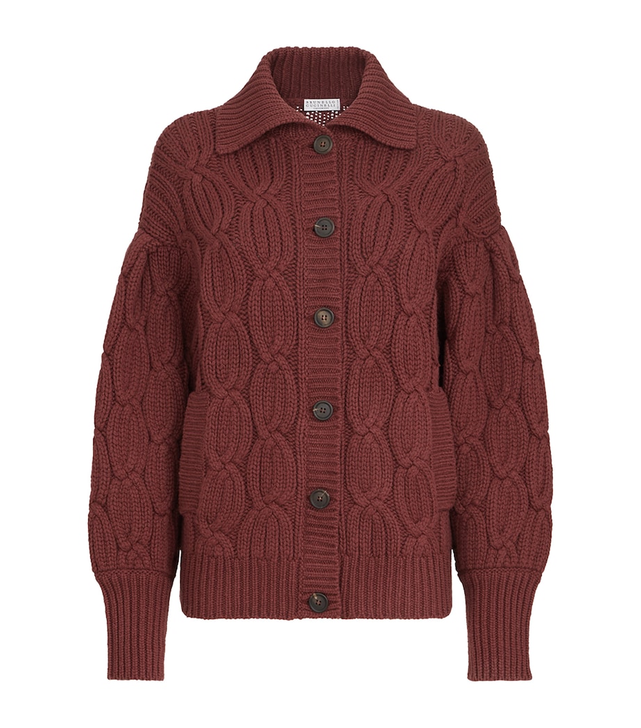 Brunello Cucinelli Womens Cashmere Cable-Knit Heritage Cardigan Red Bean Image 1