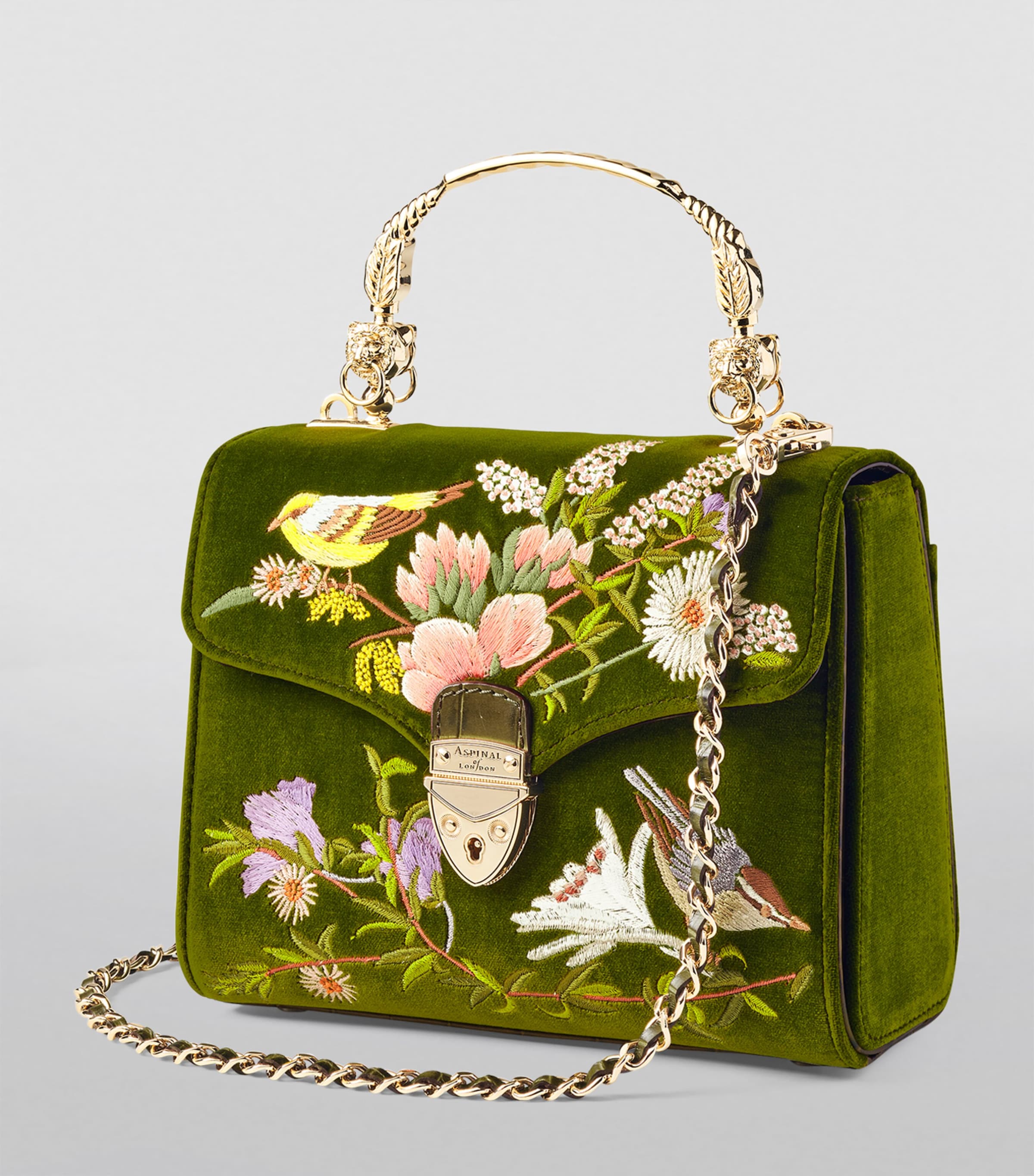 Aspinal Of London Green Midi Velvet Embroidered Mayfair Top-Handle