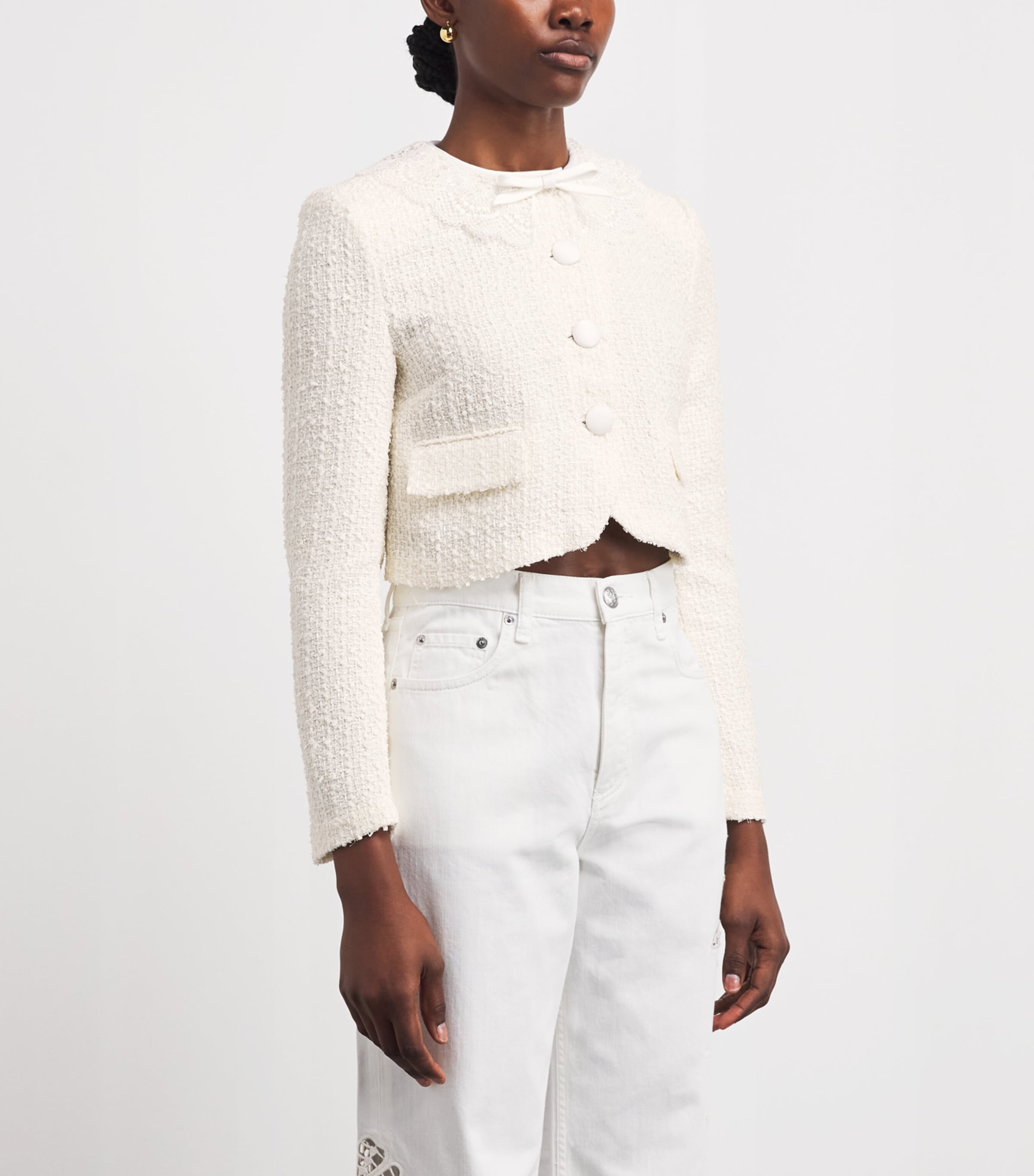 Self-Portrait Womens Bouclé Lace-Collar Jacket Cream Image 4