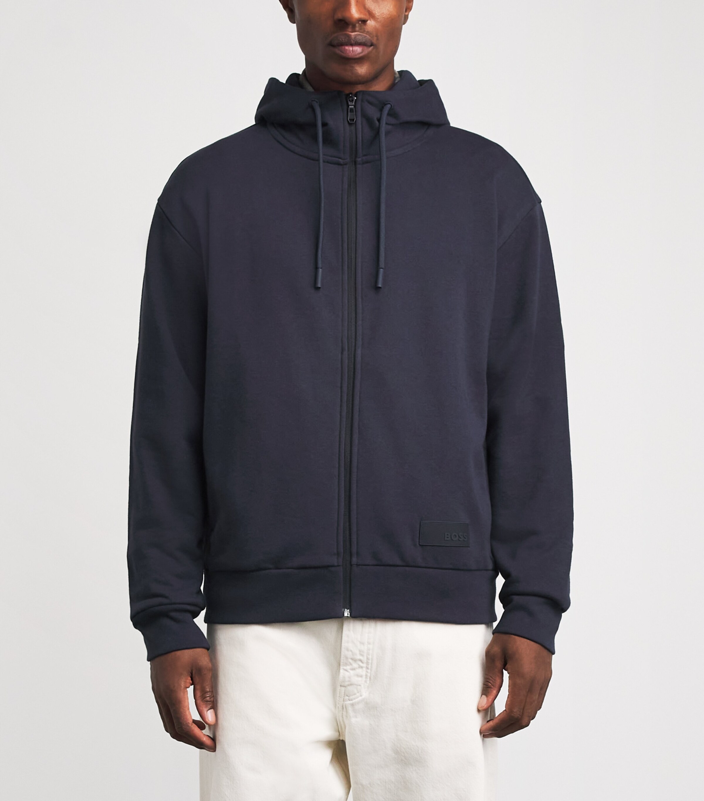 ネイビーパーカー　BOSS BOSS Navy Cotton-Blend High-Neck Zip Hoodie | Harrods US