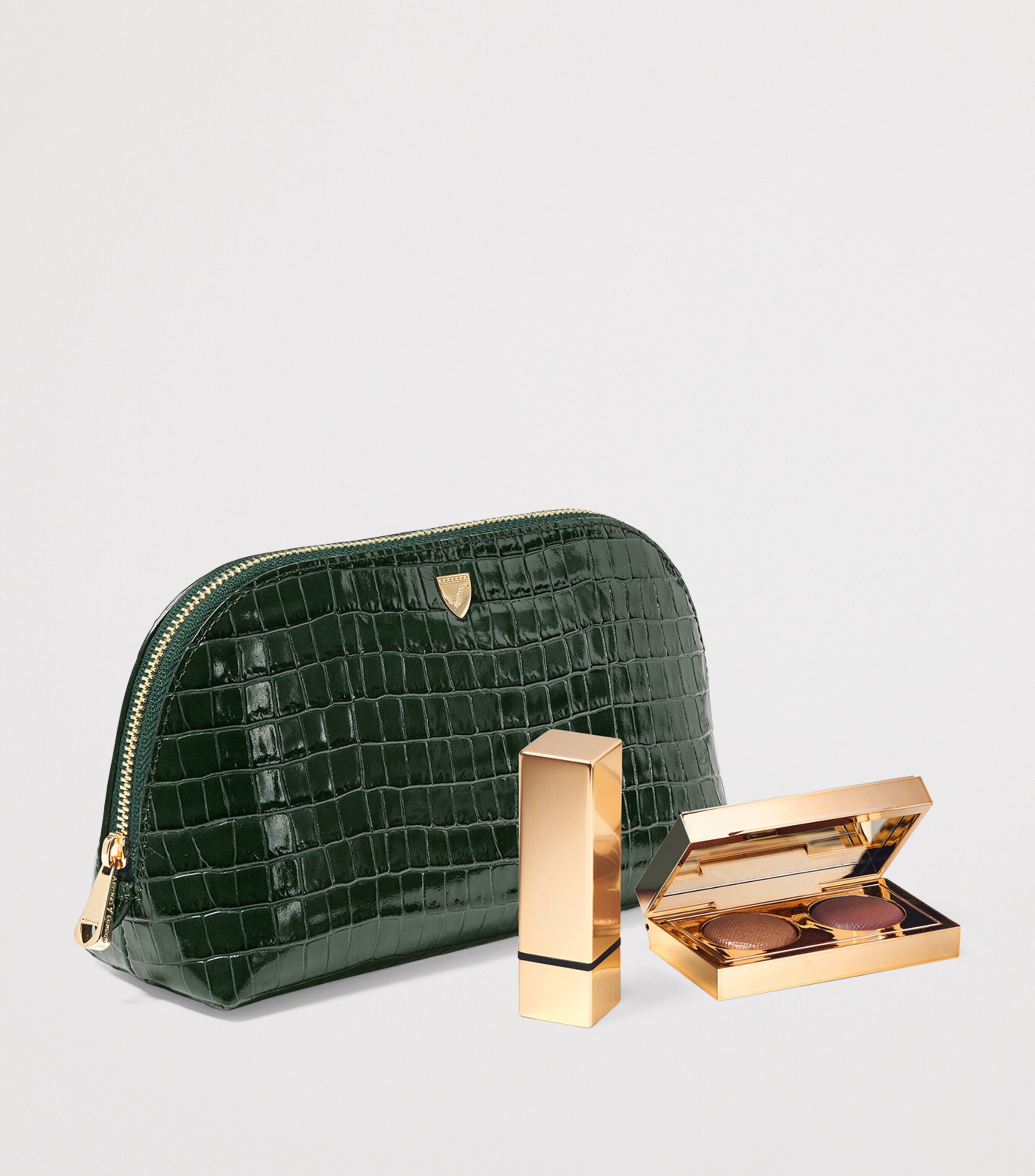 Small Leather Croc-Embossed Cosmetic Case EVERGREEN Image 3