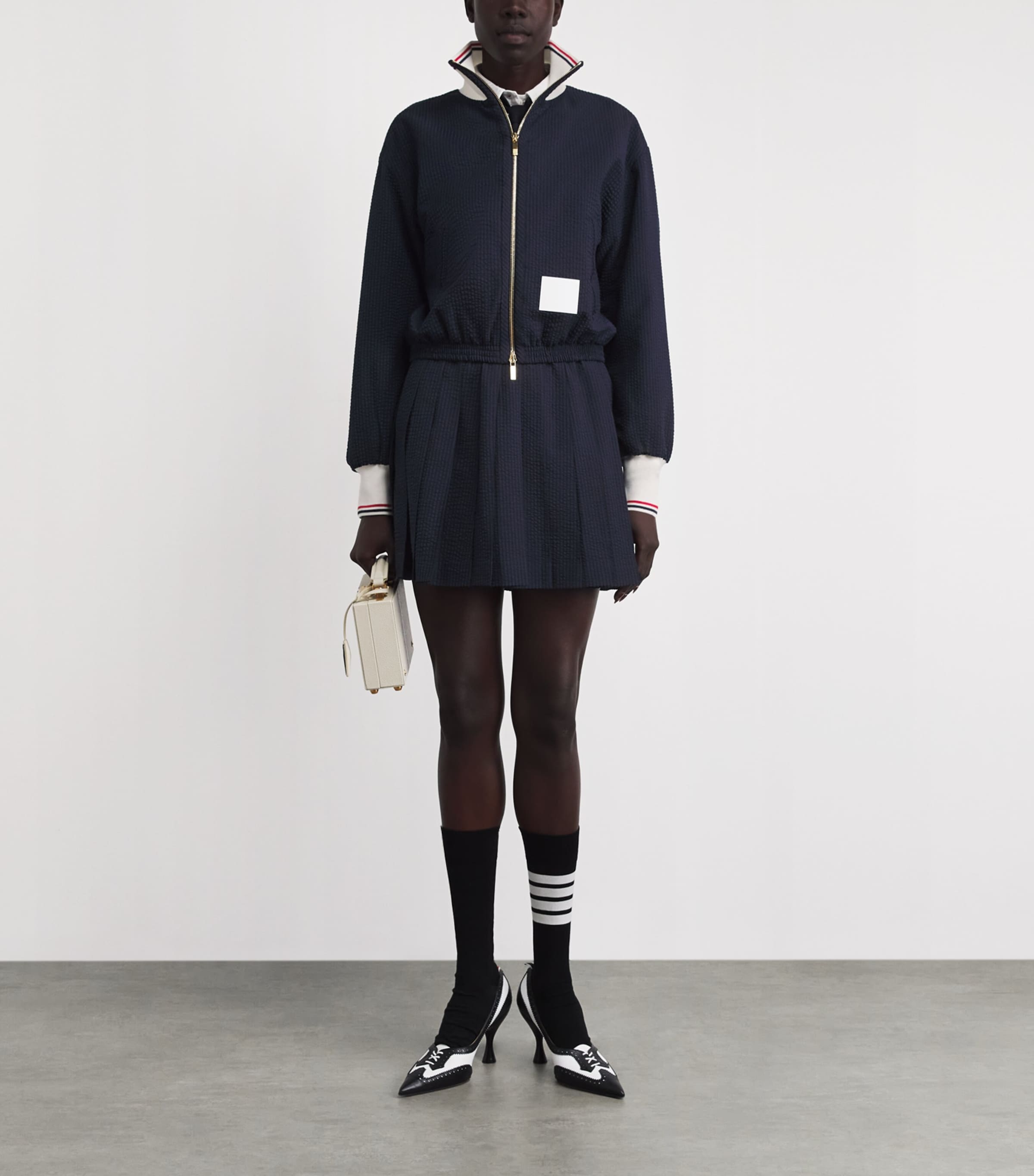 Thom Browne Womens Wool Seersucker Track Jacket Navy Image 2