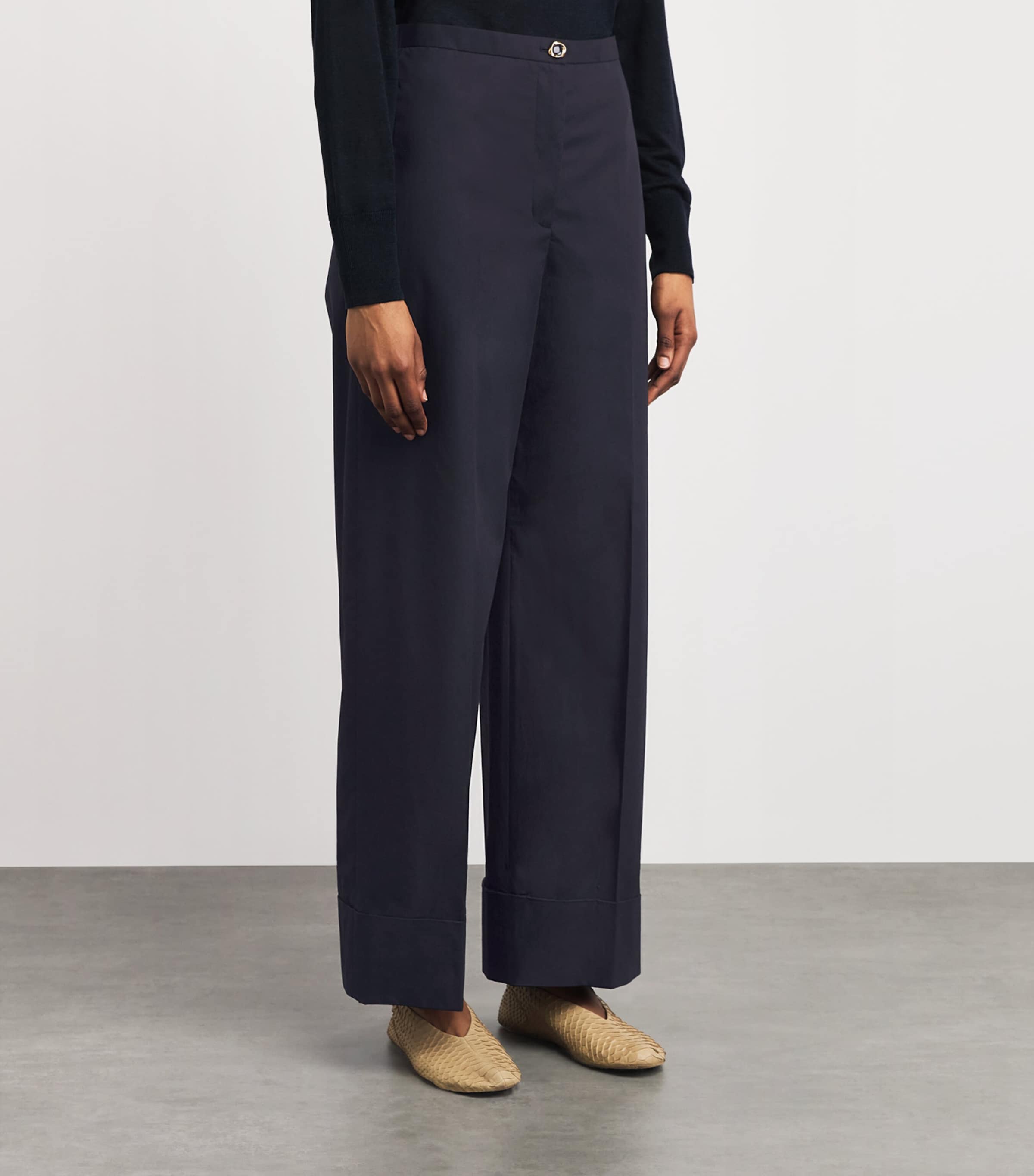 Agnona Womens Cotton Cropped Straight Trousers Dark Blue Navy Image 4