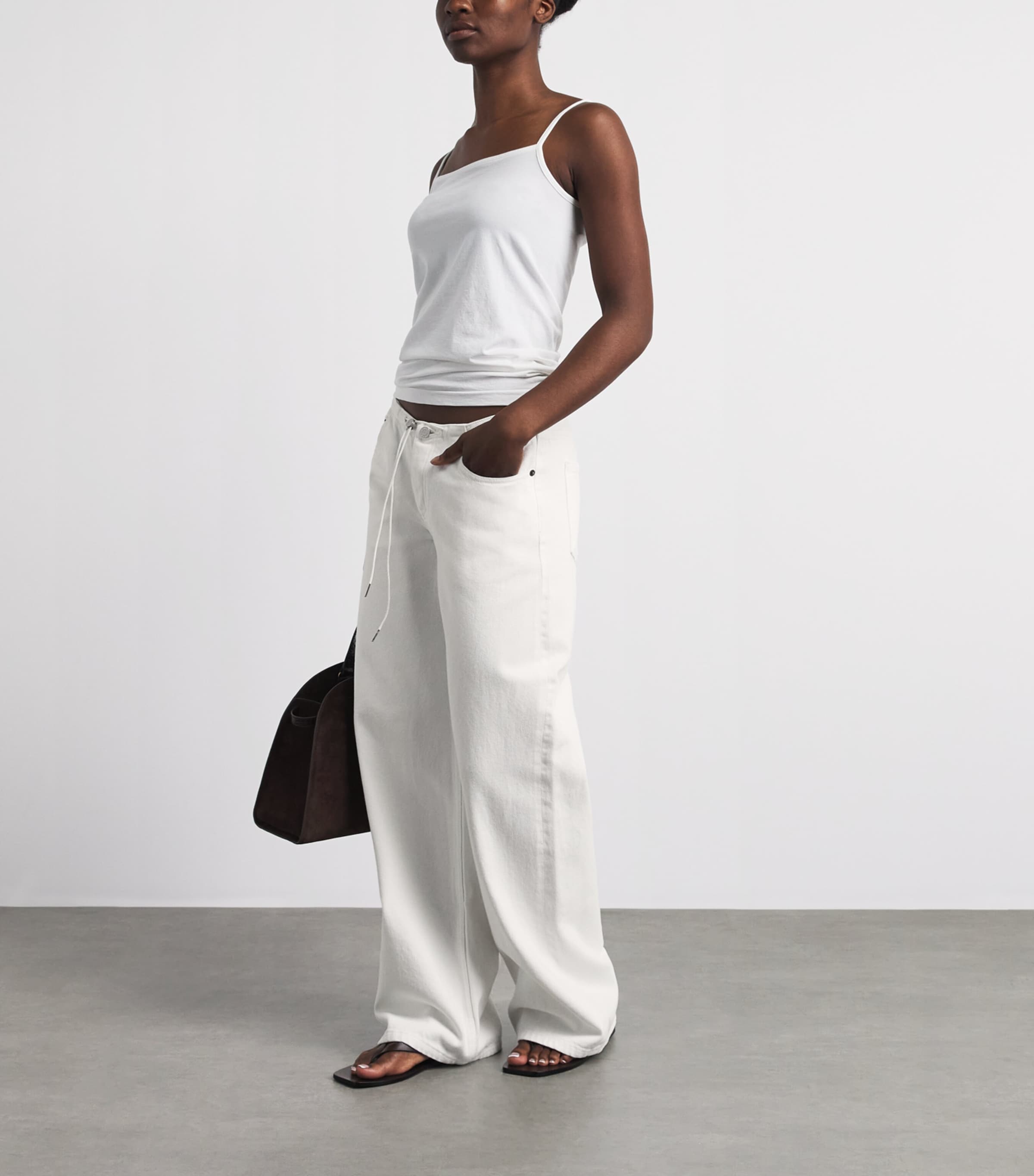 STILL HERE Womens Drawstring Sport Mid-Rise Wide-Leg Jeans Milk Image 2