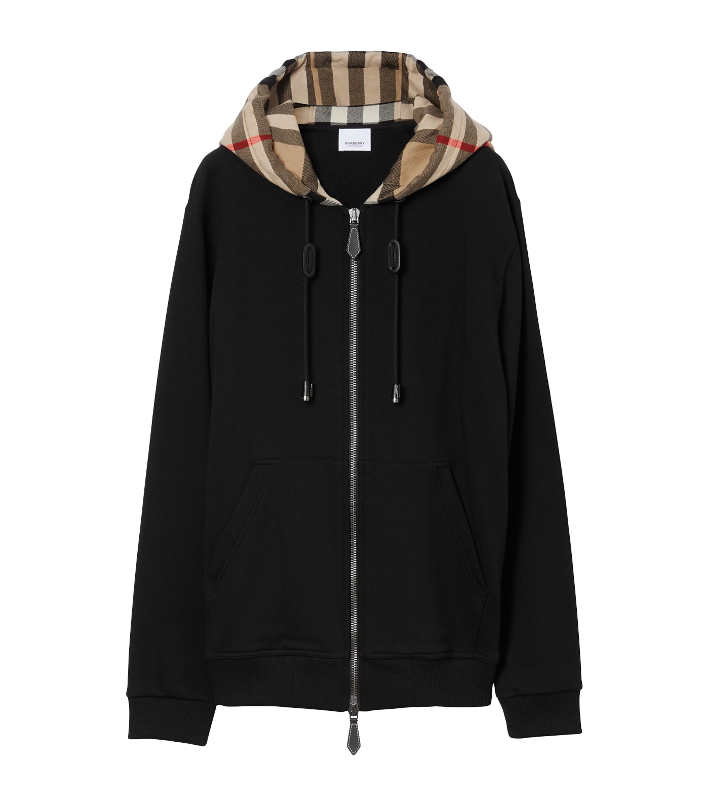 Burberry Black Check-Trim Zip-Up Hoodie | Harrods UK