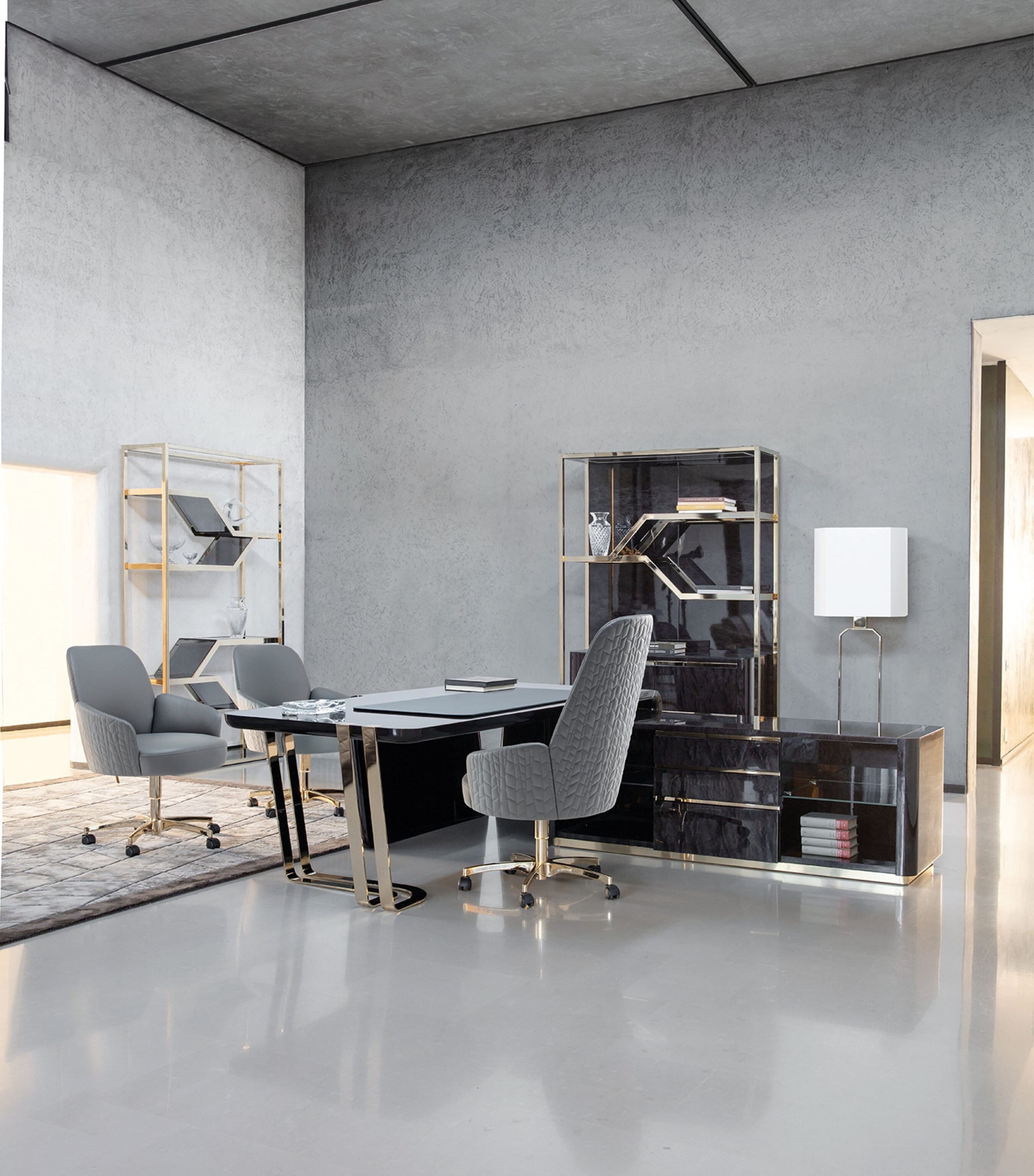 View of desk with chairs and storage in showroom