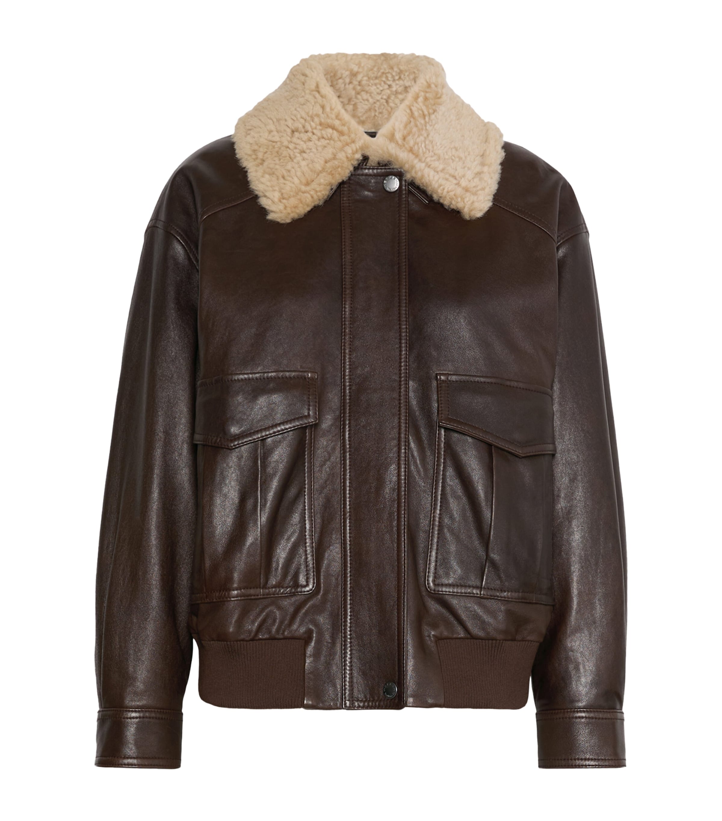 Weekend Max Mara Womens Leather Fur-Trim Jacket Dark Bown Image 1
