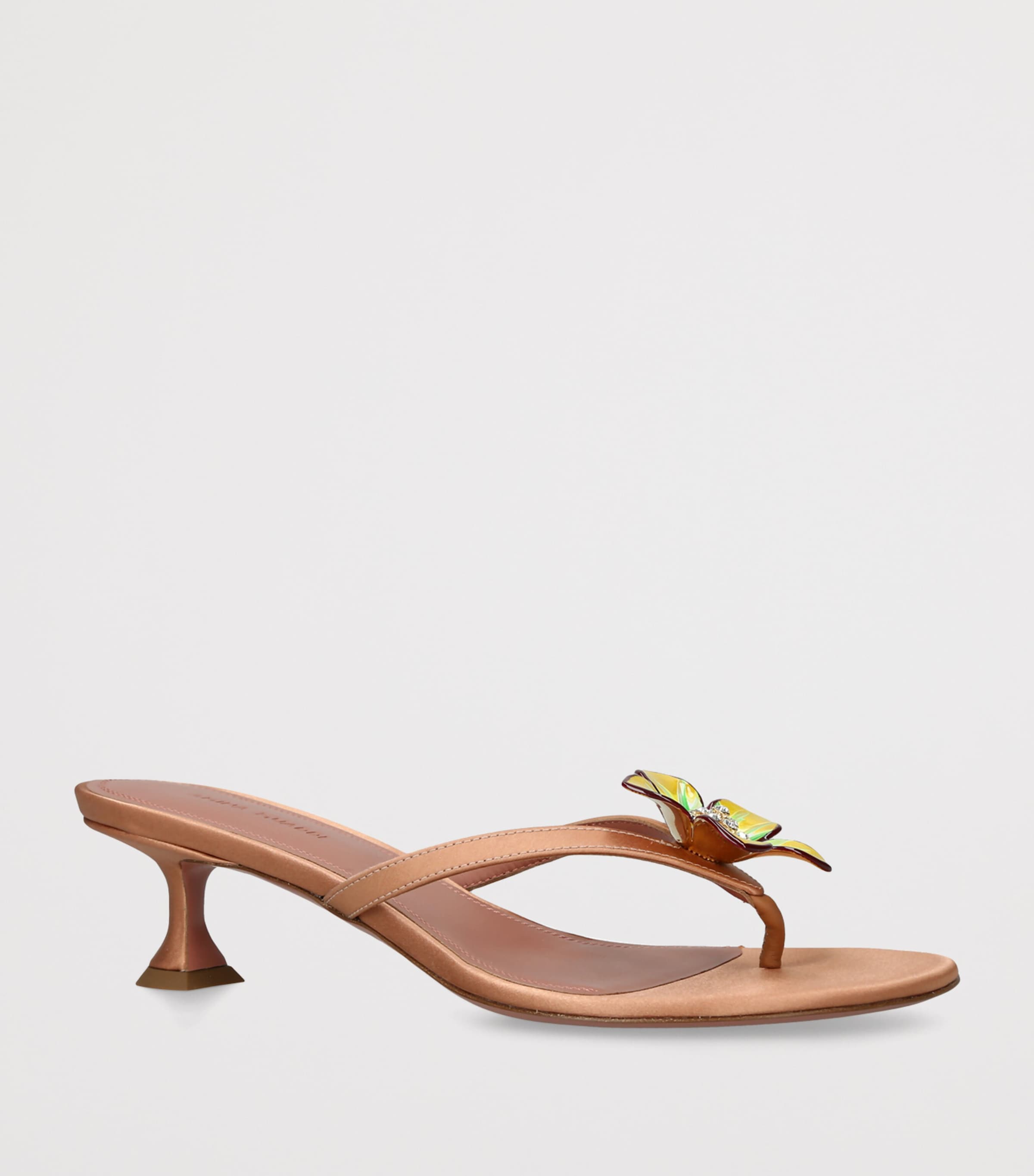 Amina Muaddi Satin Flower Vittoria Heeled Sandals 45 Camel Image 3