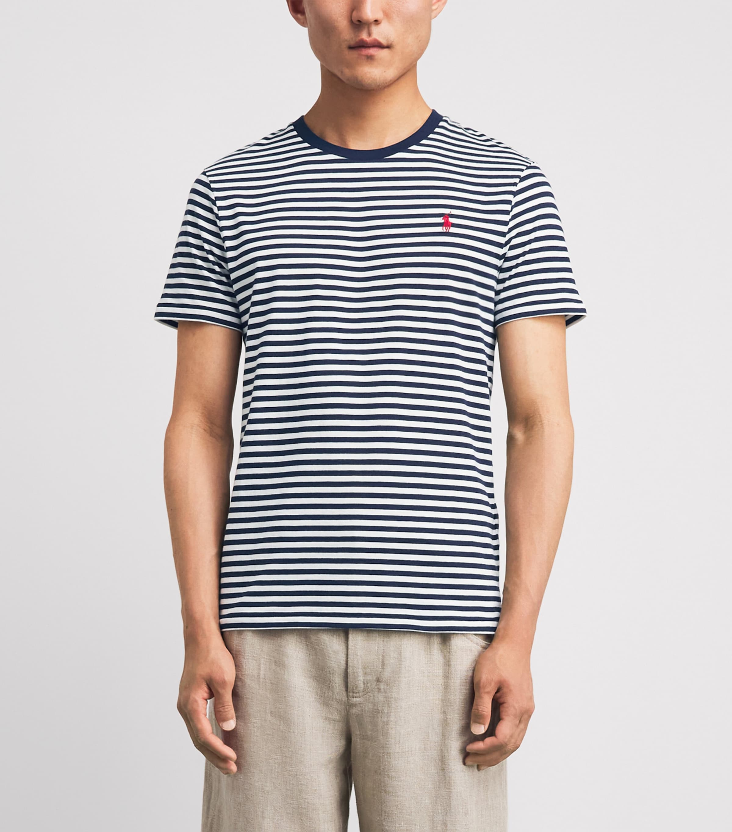 Polo Ralph Lauren Mens Cotton Stripe Polo Pony Slim T-Shirt Newport Navy/white Image 4