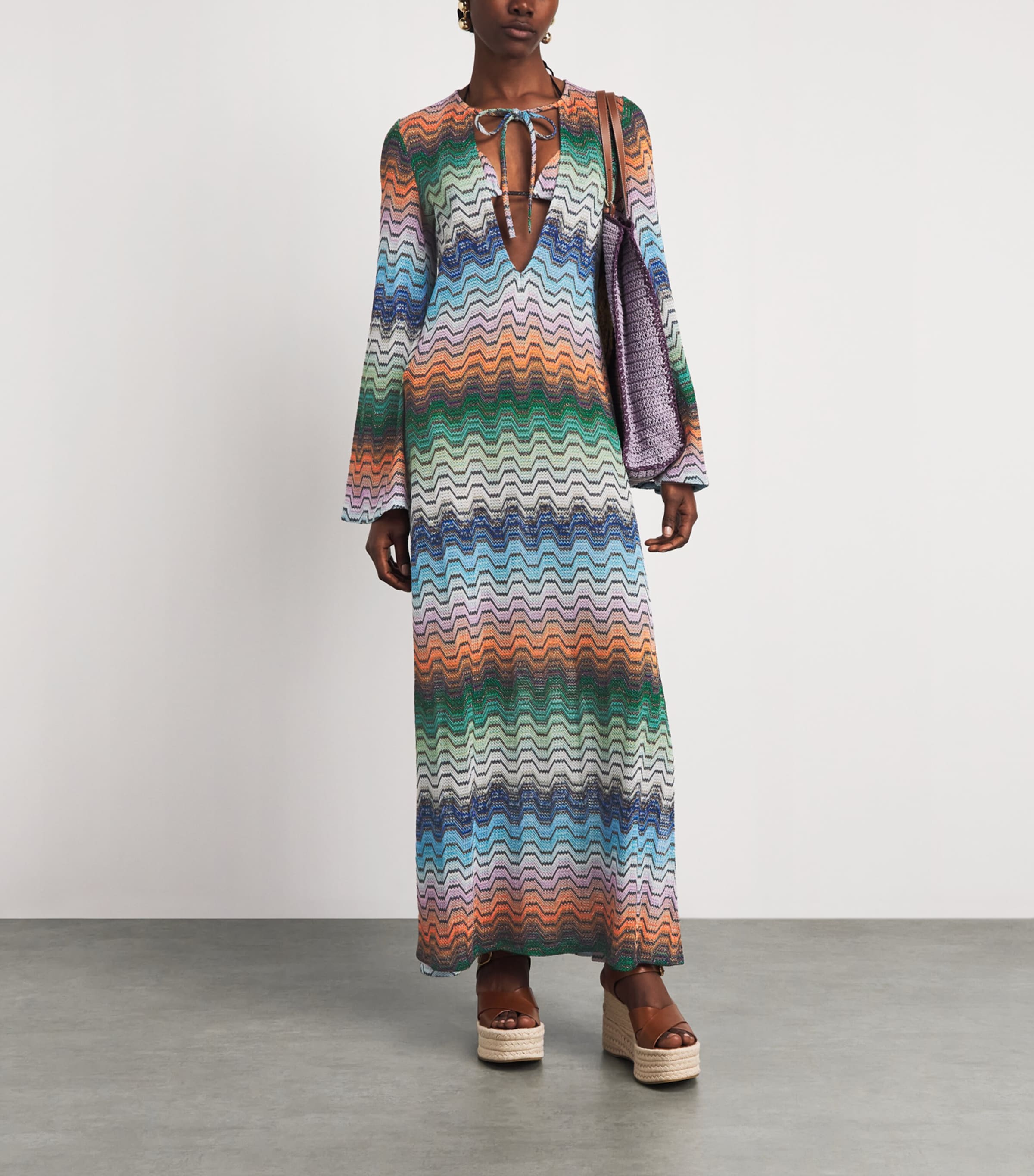 Missoni Womens Metallic Zigzag Kaftan Maxi Dress Smsnq Mlti Blk/gr/or Image 2