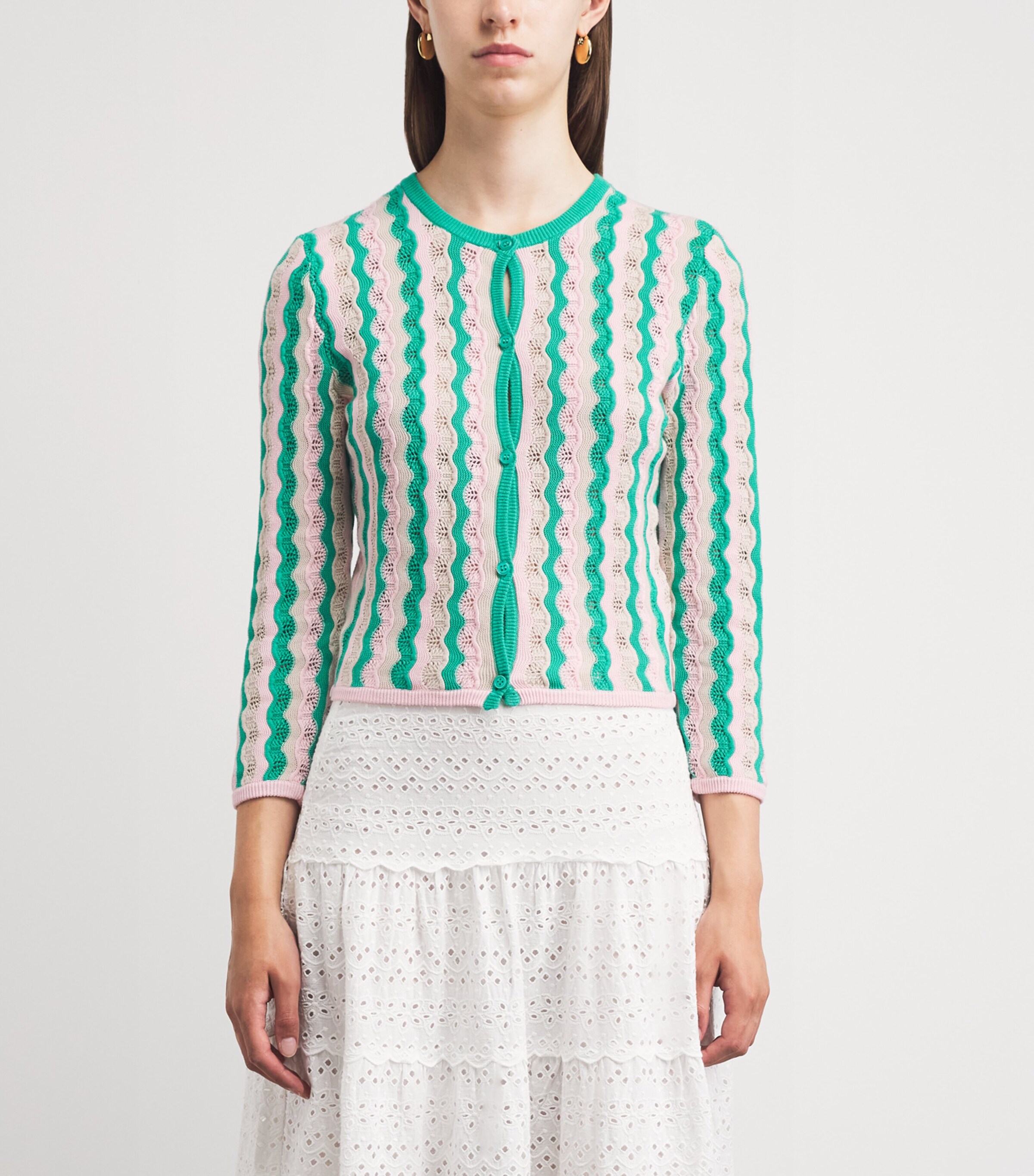 MOTHER Womens Cotton Pointelle Stripe Cardigan Poi Green Pink Combo Image 4
