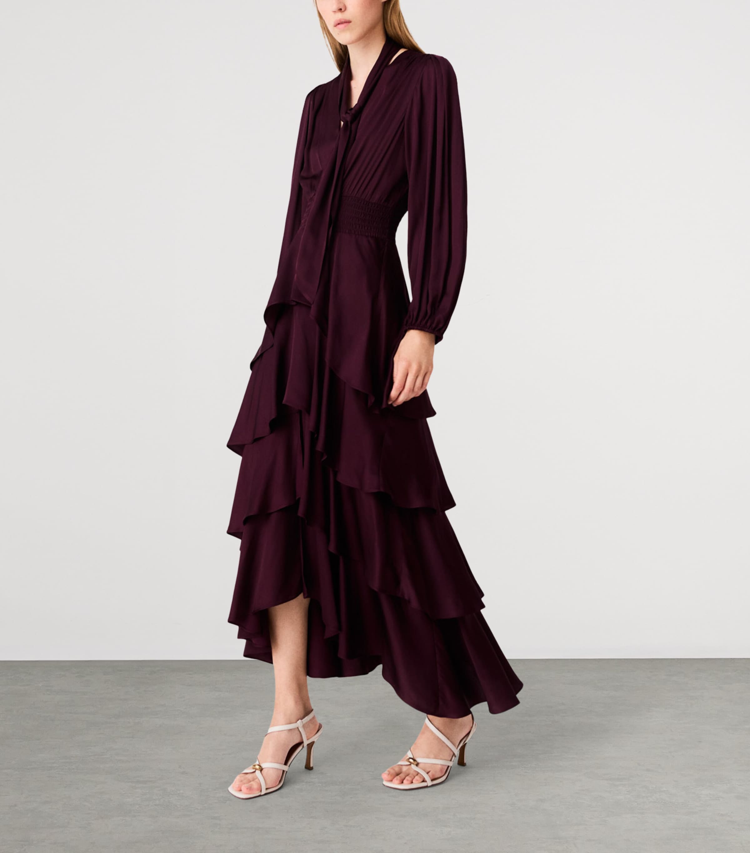 Maje Womens Tiered Pussybow Midi Dress Burgundy Image 5