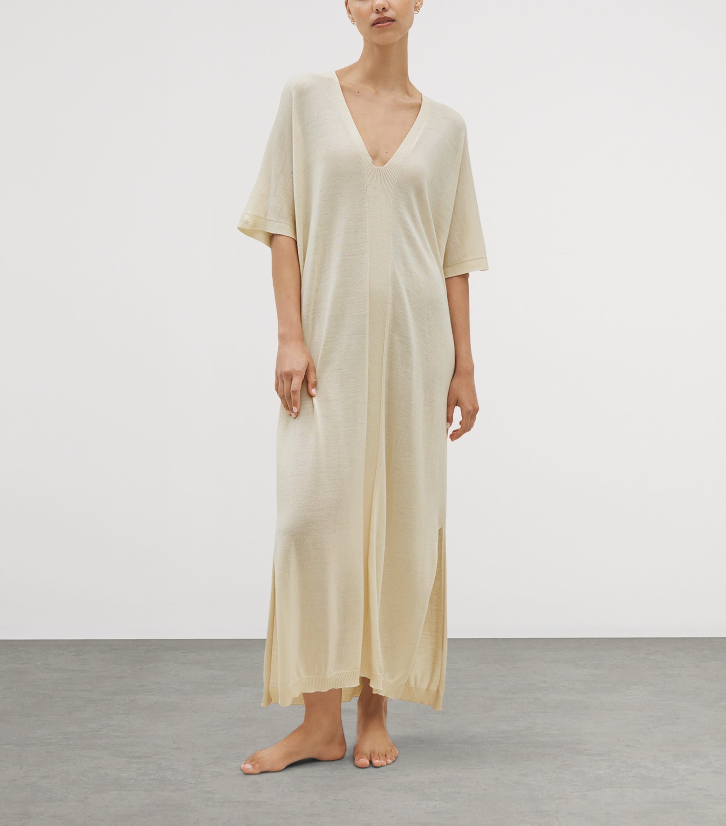 SHLEEP Womens Merino-Silk V-Neck Kaftan Ivory Tusk Image 2