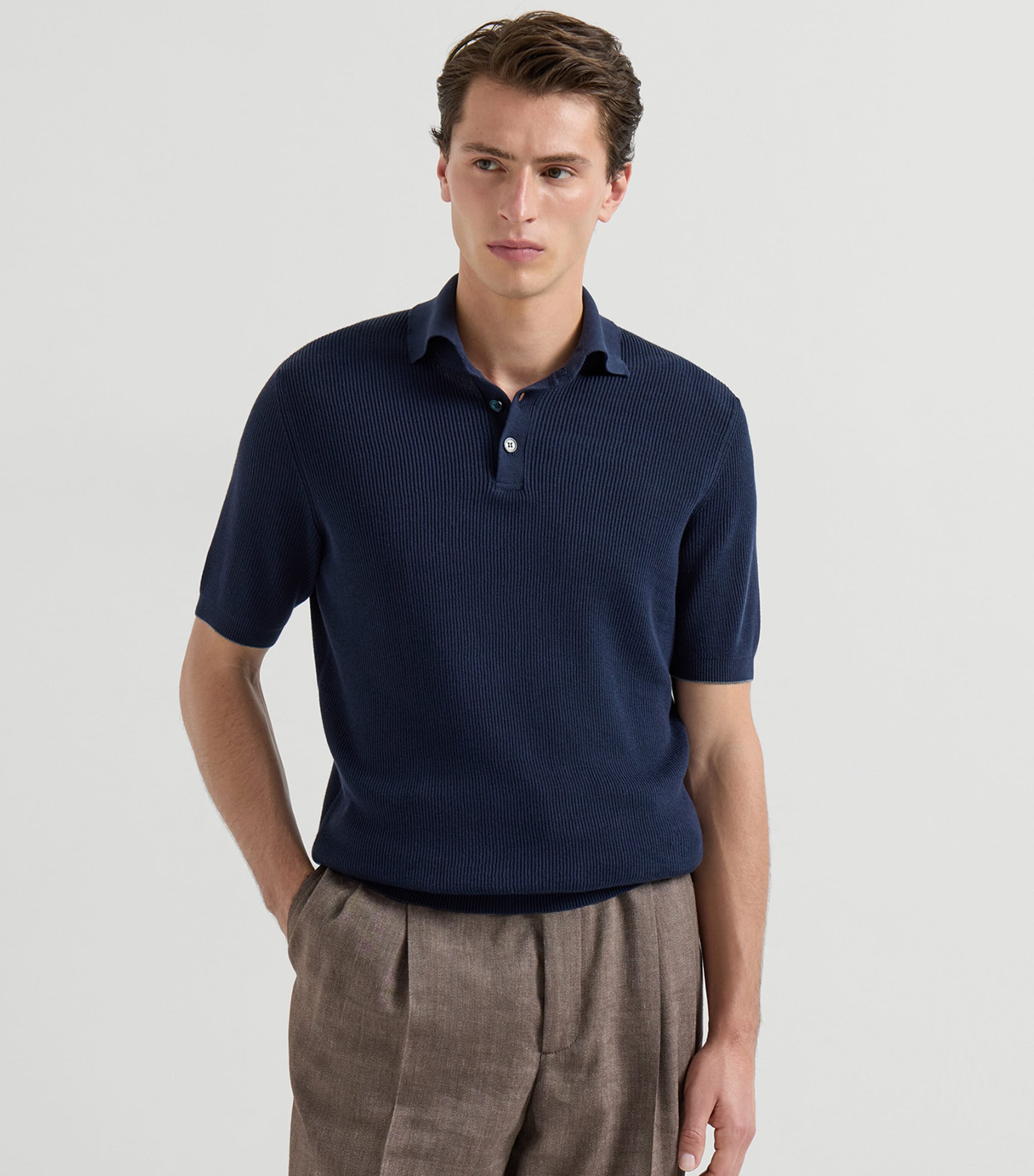 Brunello Cucinelli Mens Cotton Rib-Knit Polo Shirt Image 3