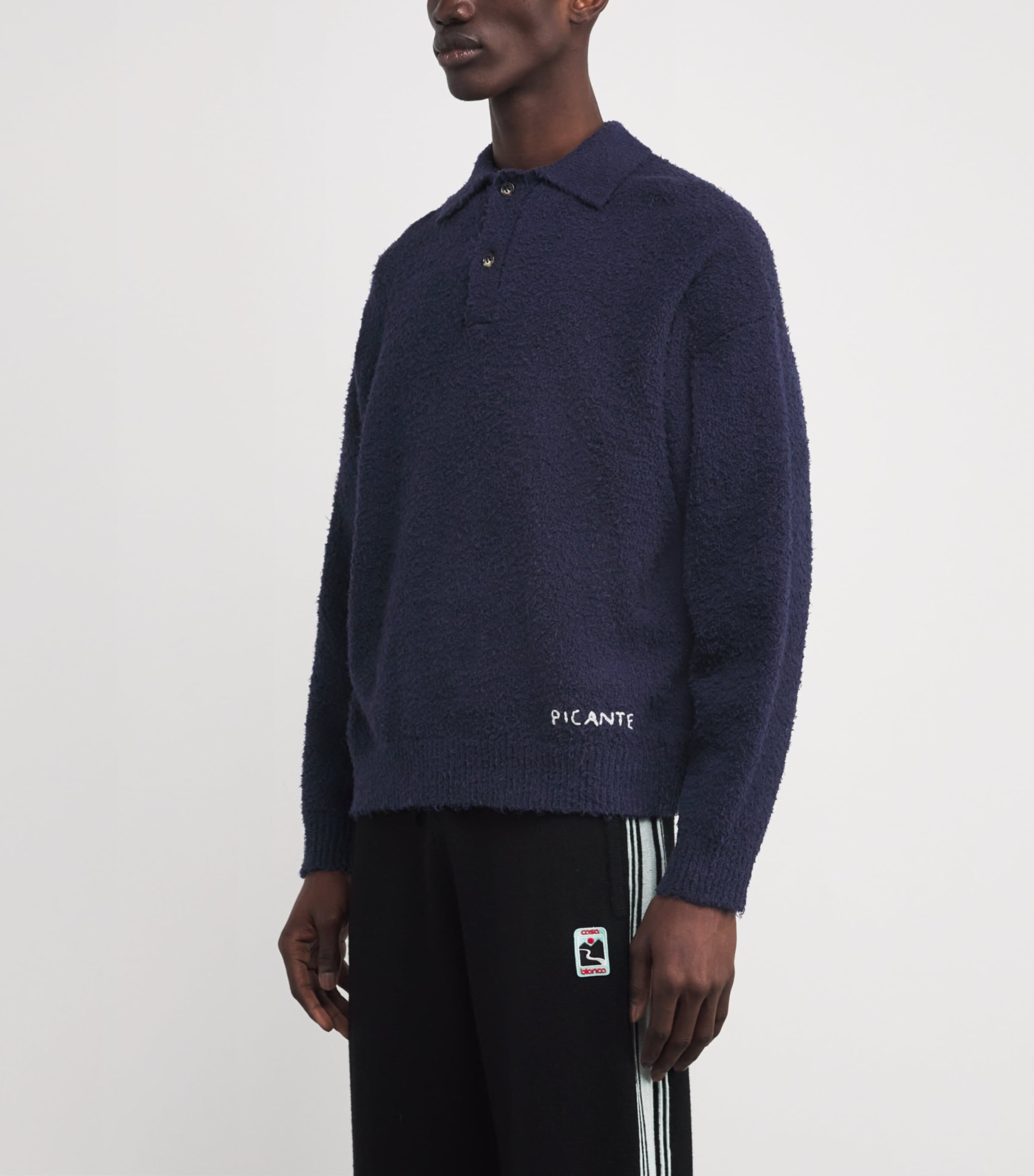 Cotton-Blend Shaggy Yarn Polo Sweater NAVY Image 3