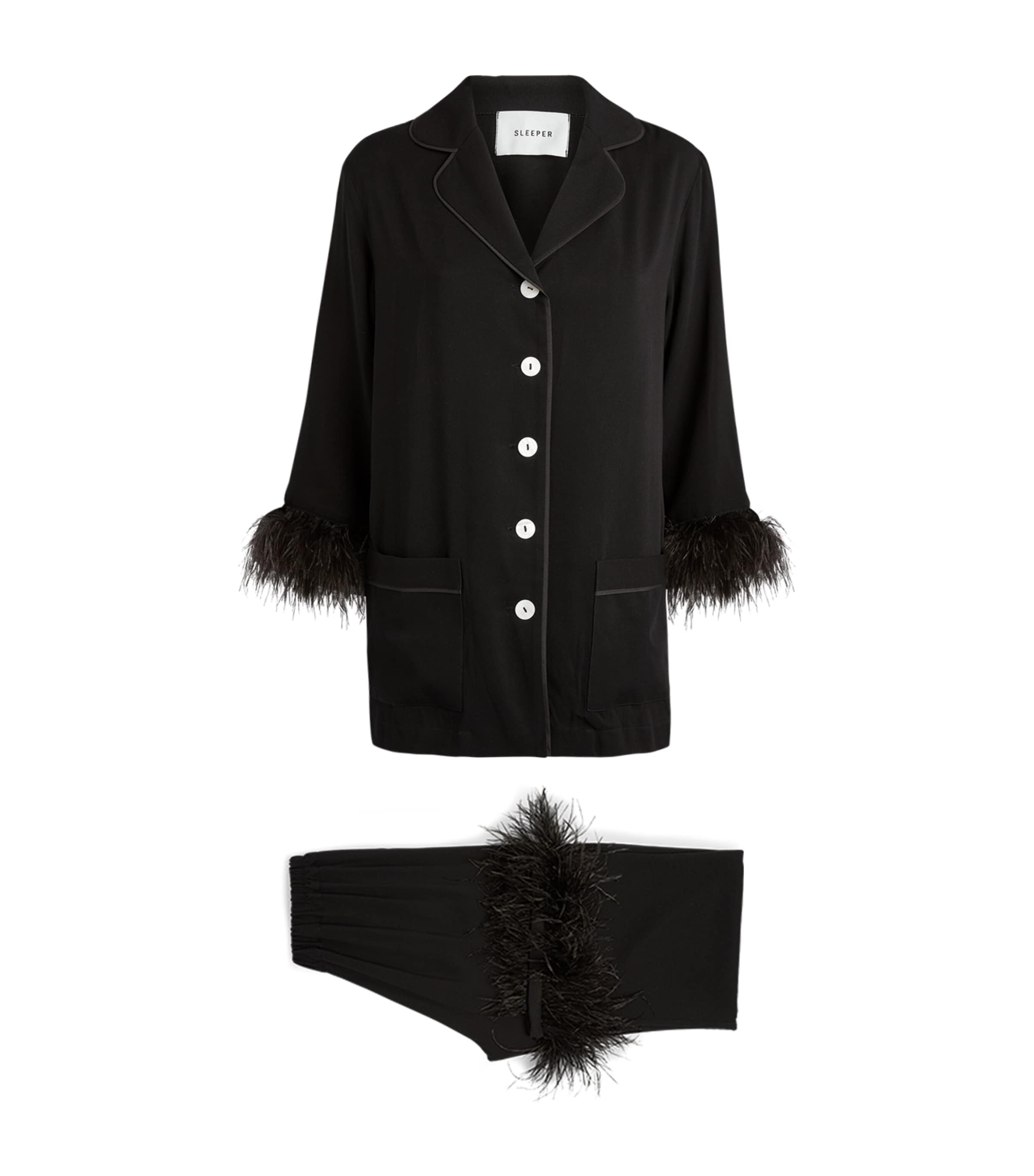 Sleeper Party Pajama Set With Double Feathers In Black