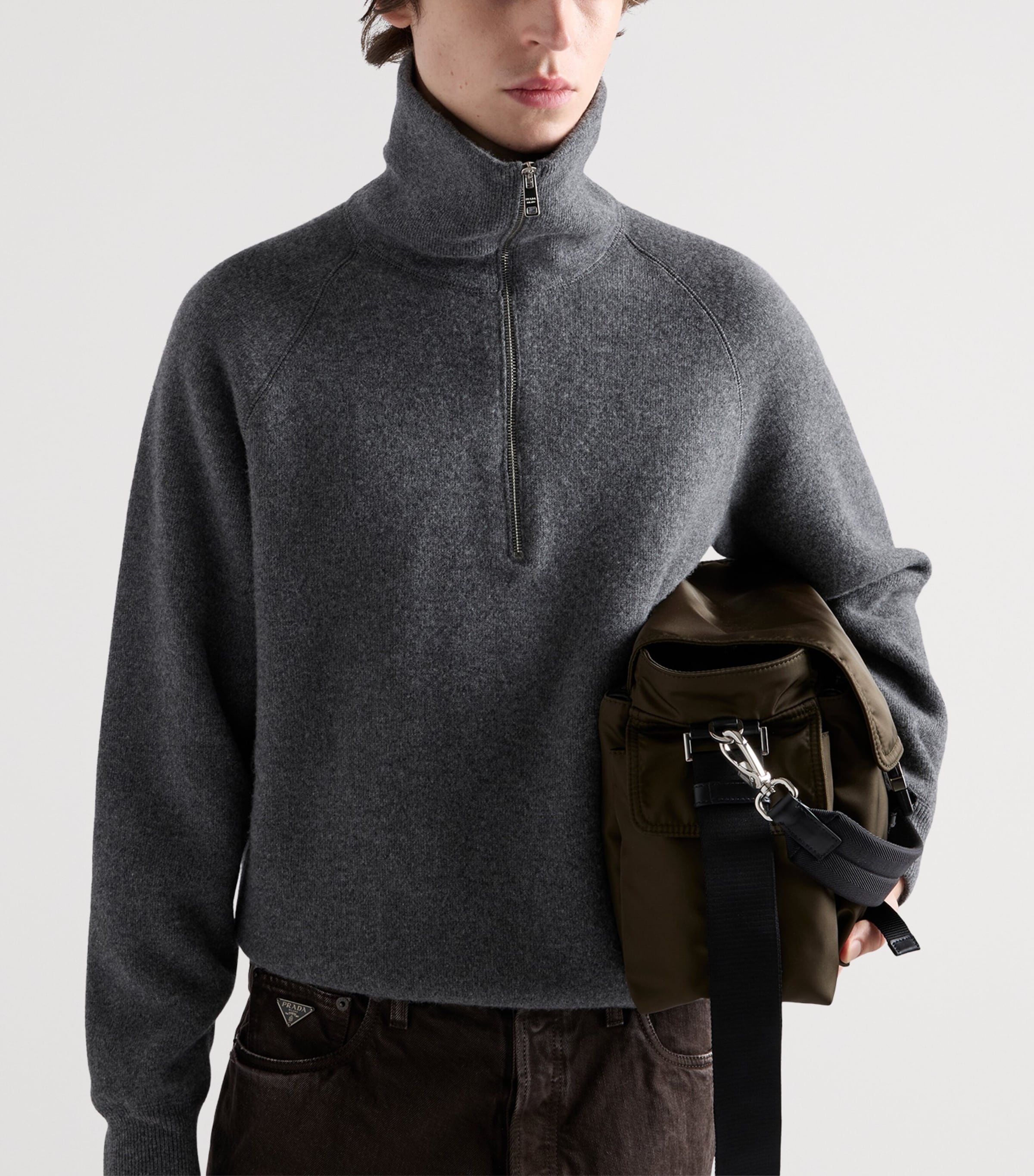 Prada Grey Wool-Cashmere Quarter-Zip Sweater | Harrods UK