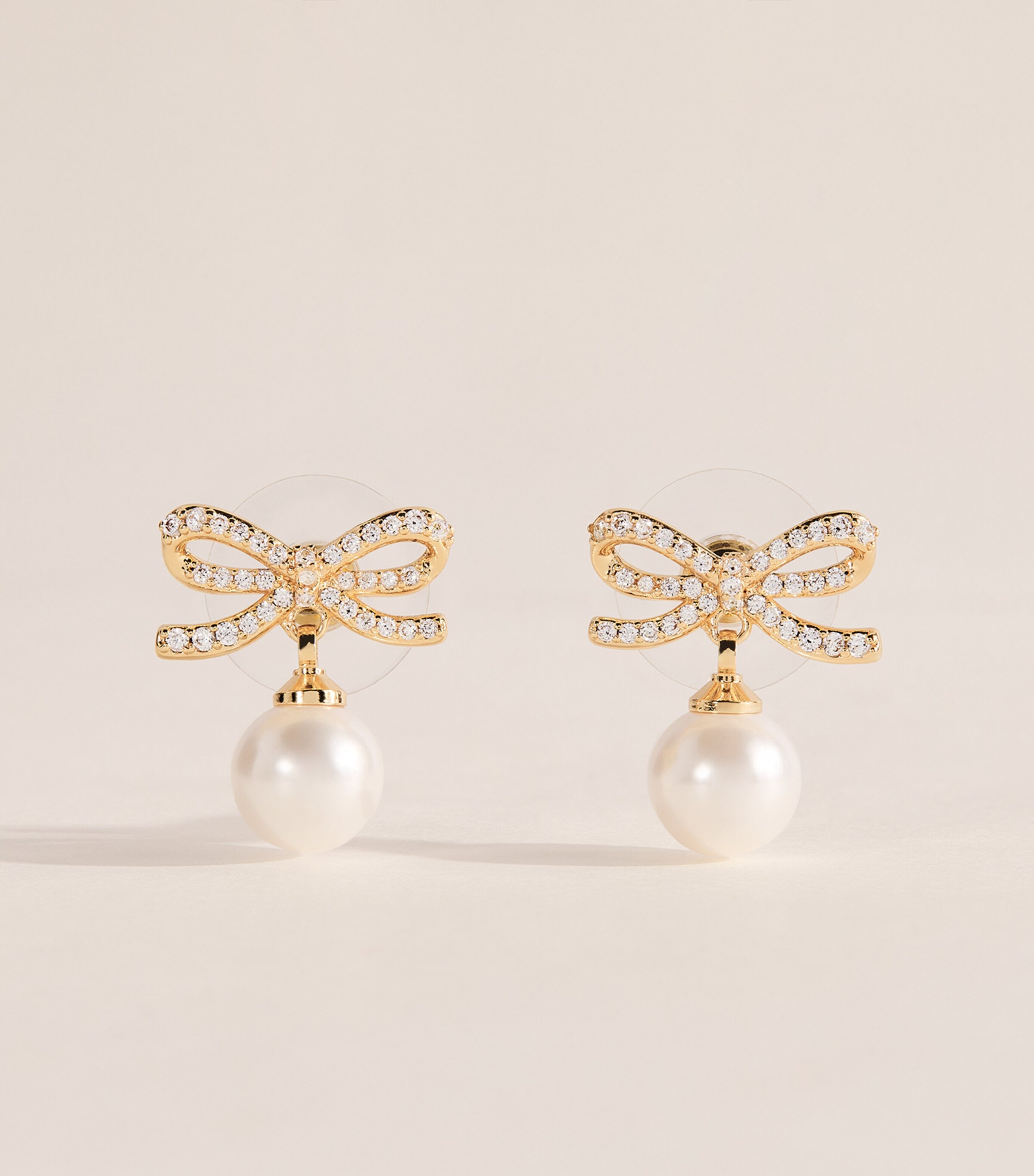 Self-Portrait Crystal and Faux Pearl Bow Stud Earrings Gold Image 1