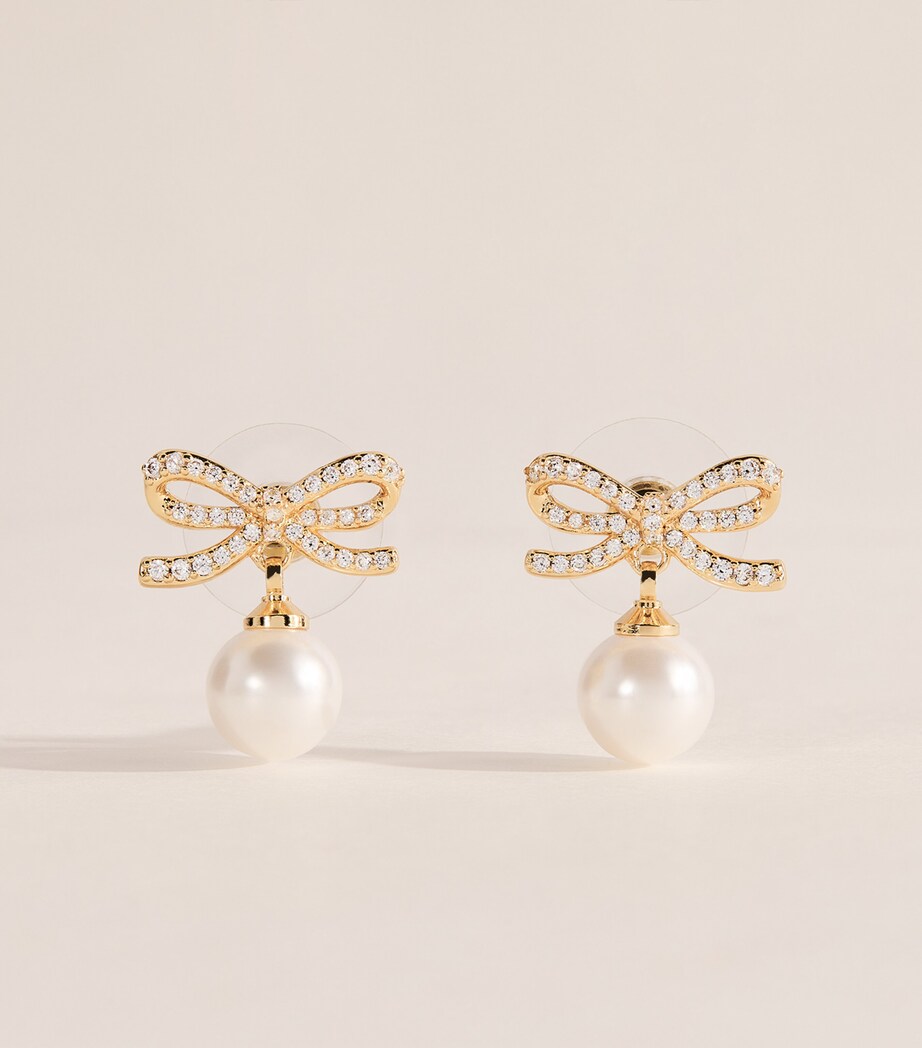 Self-Portrait Crystal and Faux Pearl Bow Stud Earrings Gold Image 1