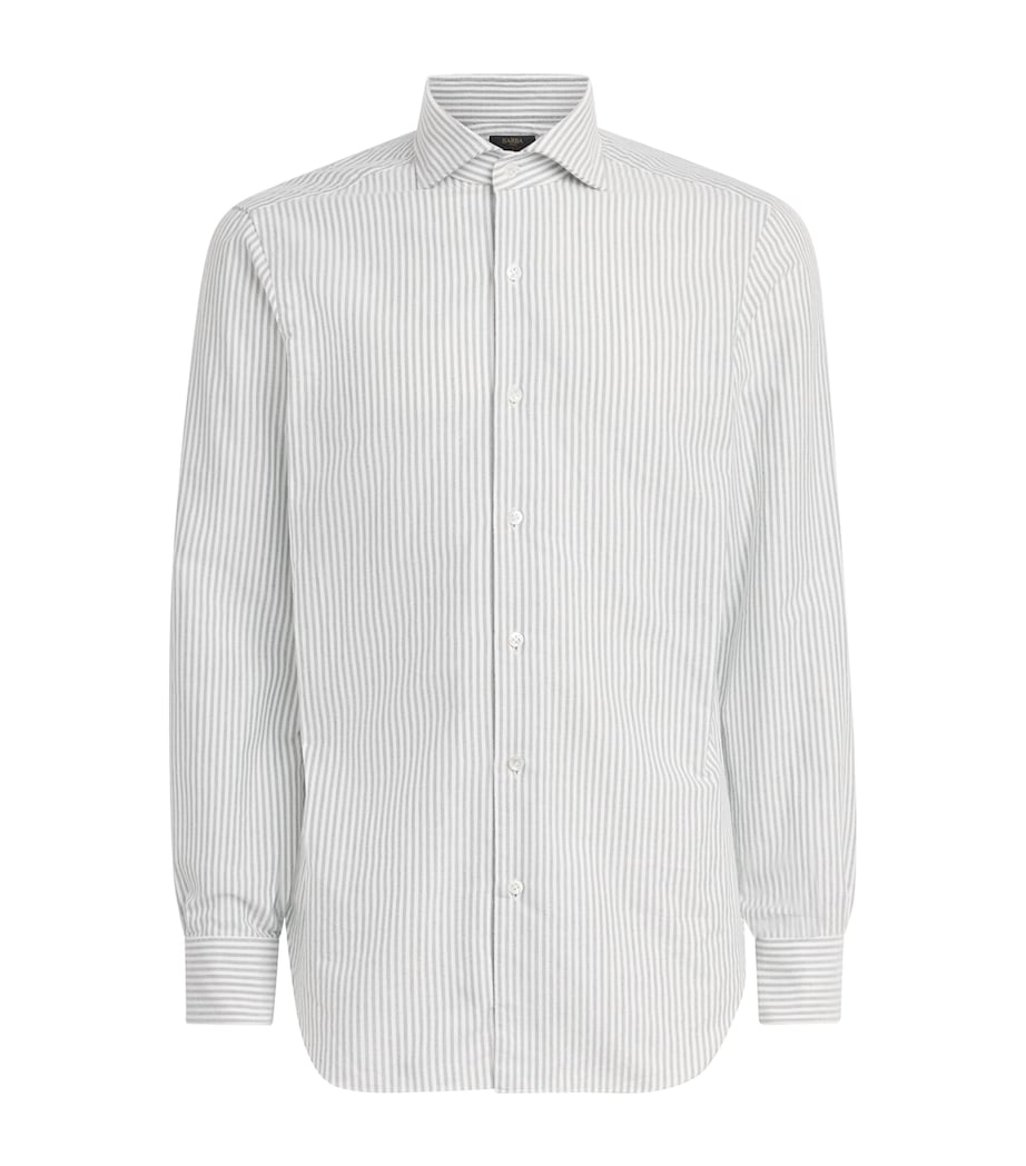 Barba Napoli Mens Washed Cotton Stripe Shirt Green Image 1