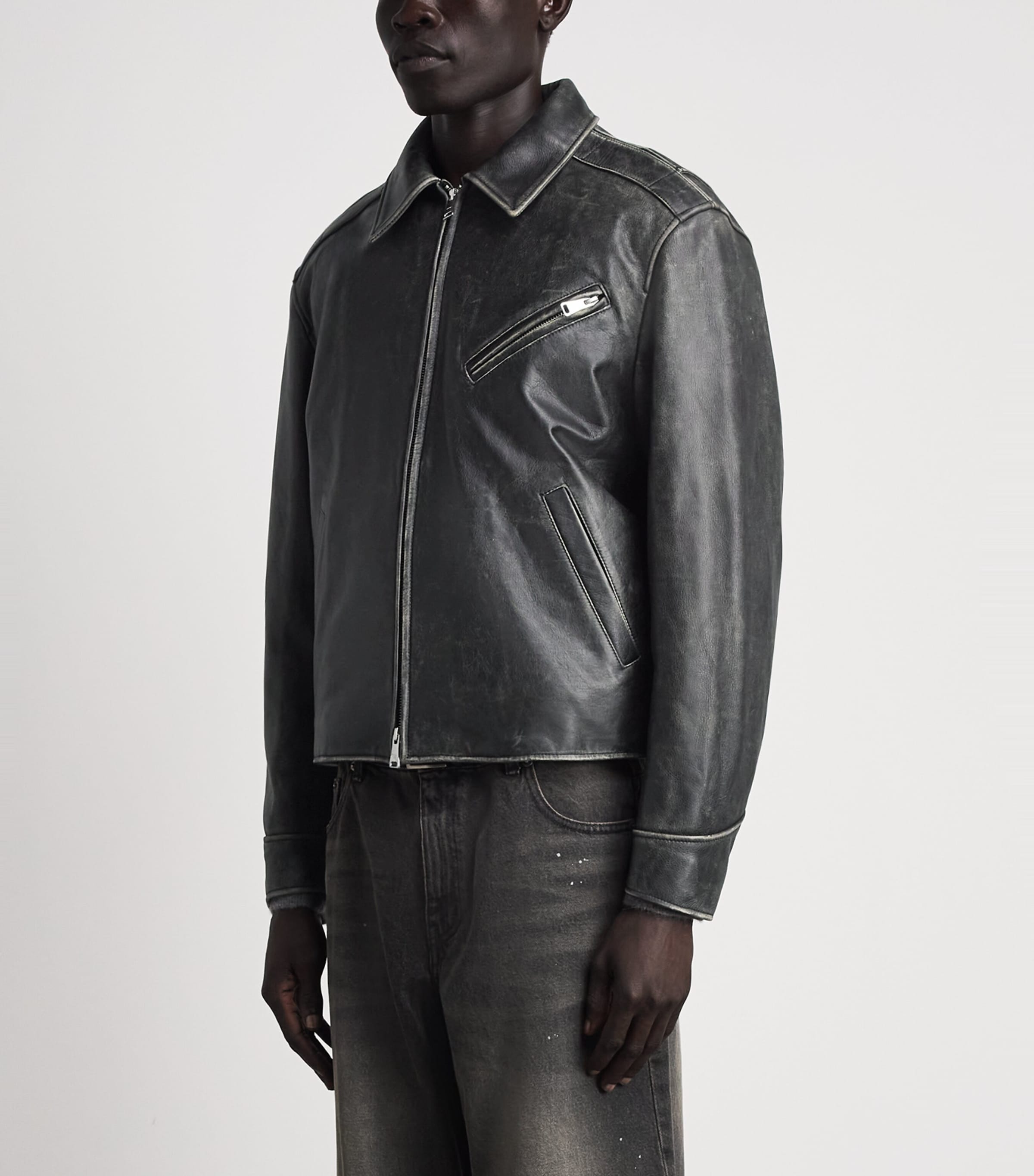 Coor Mens Washed-Leather Bomber Jacket Washed Black Image 4