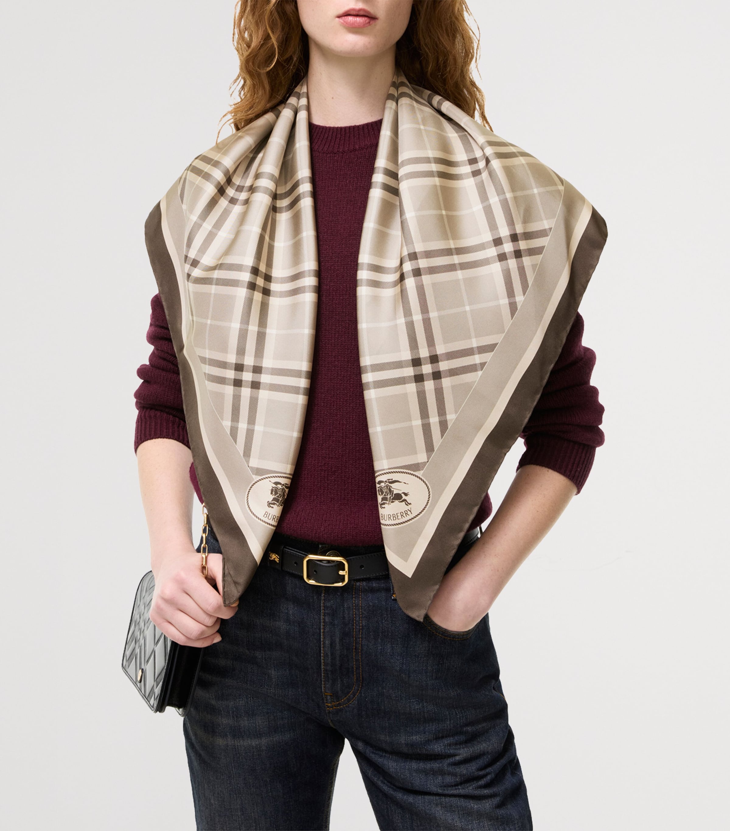 Burberry Silk Check Knight Stamp Scarf Dove Grey Ip Check Image 3