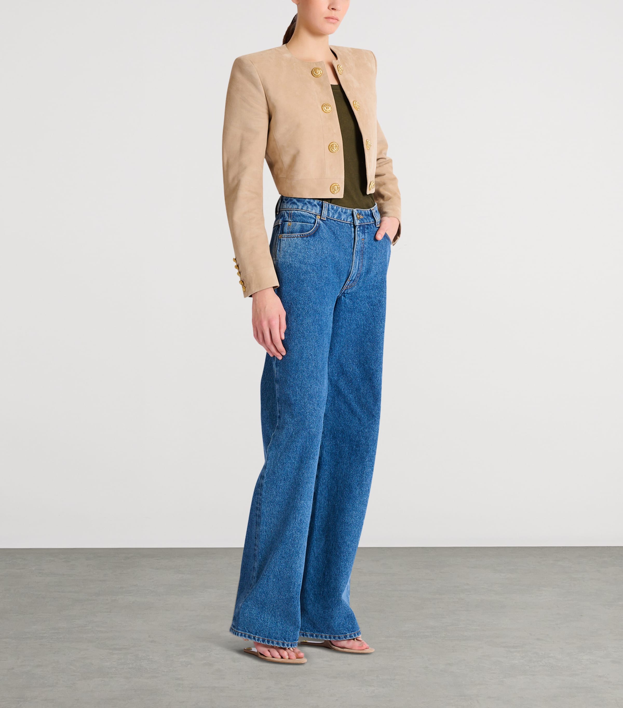 Balmain Womens Suede Cropped Jacket Sable Image 4