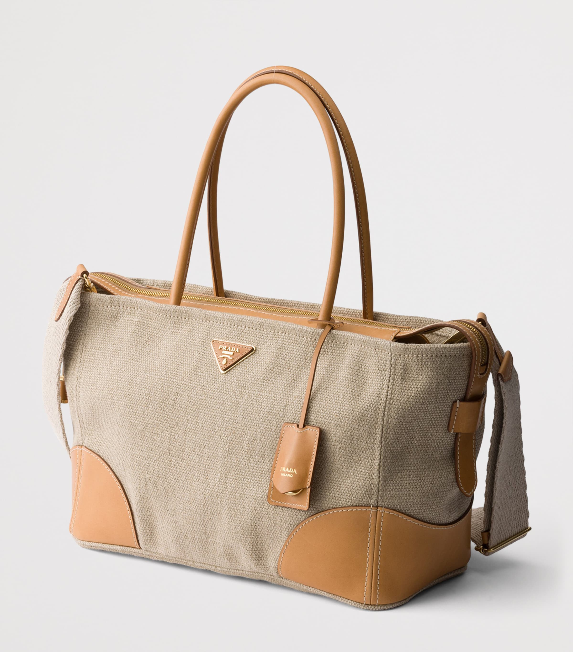 Prada Large Linen-Leather Tote Bag Neutral Image 2