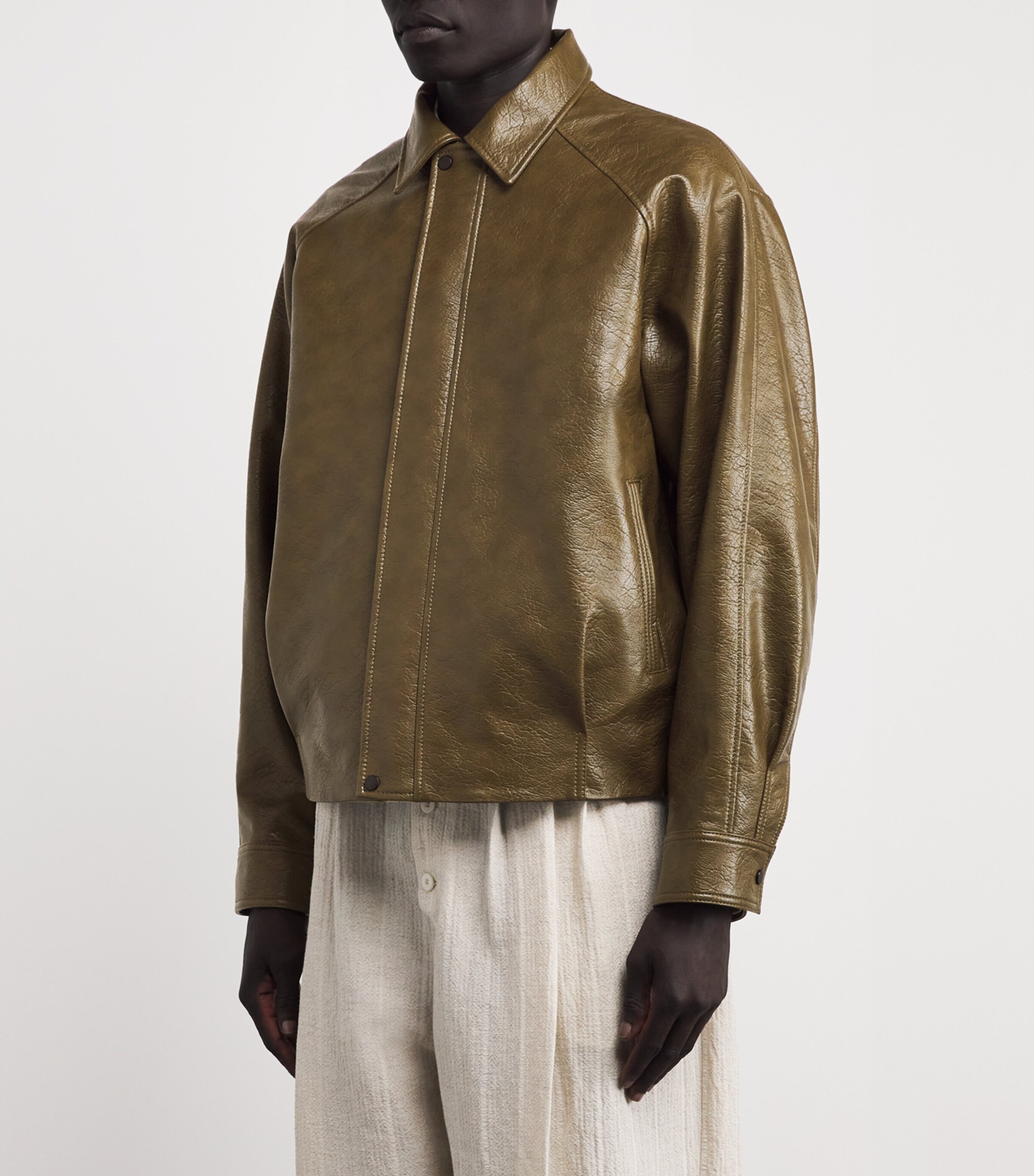 Le 17 Septembre Mens Faux Leather Jacket Khaki Image 3