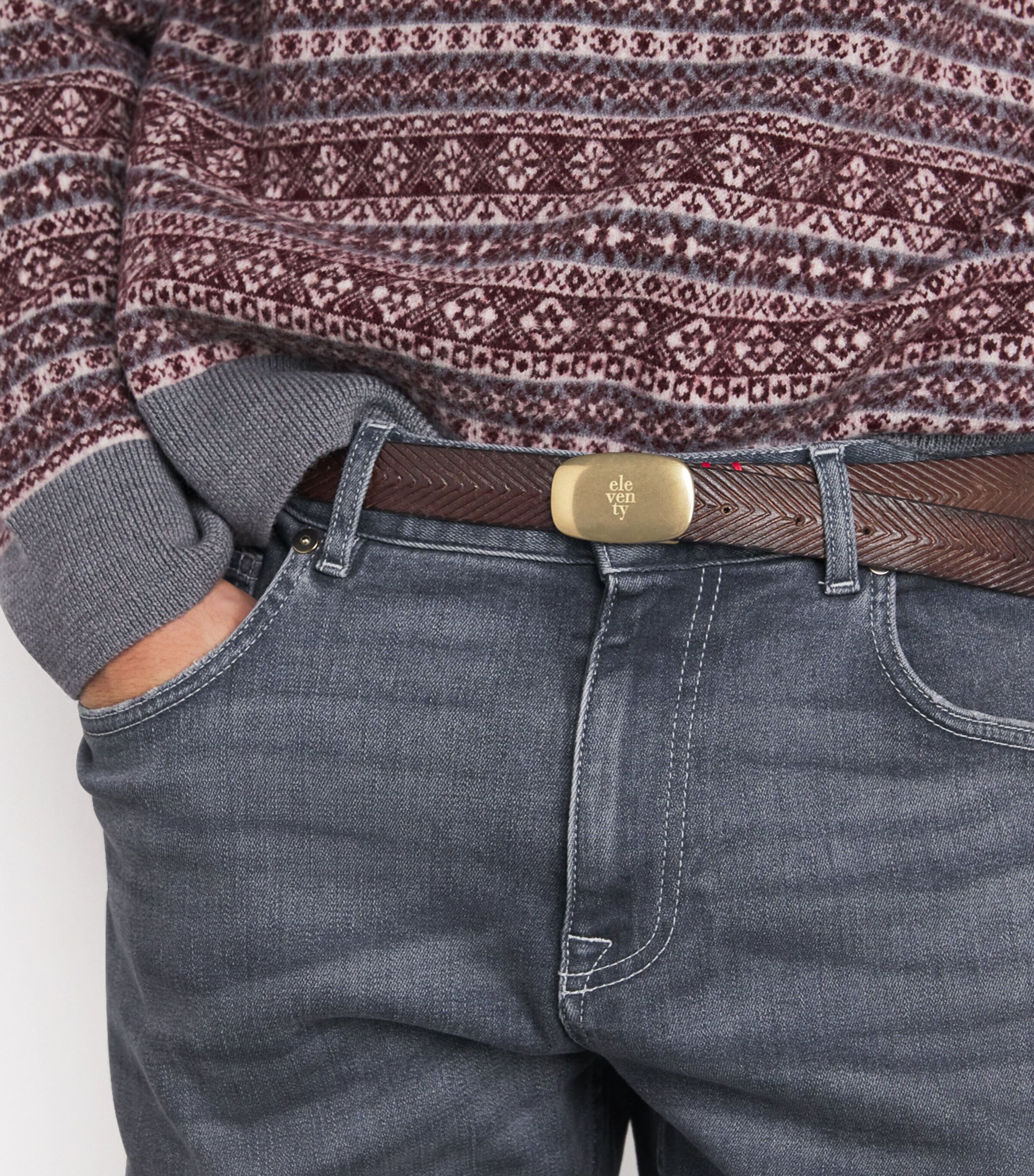 Eleventy Leather Chevron Logo-Buckle Belt Cacao Image 2