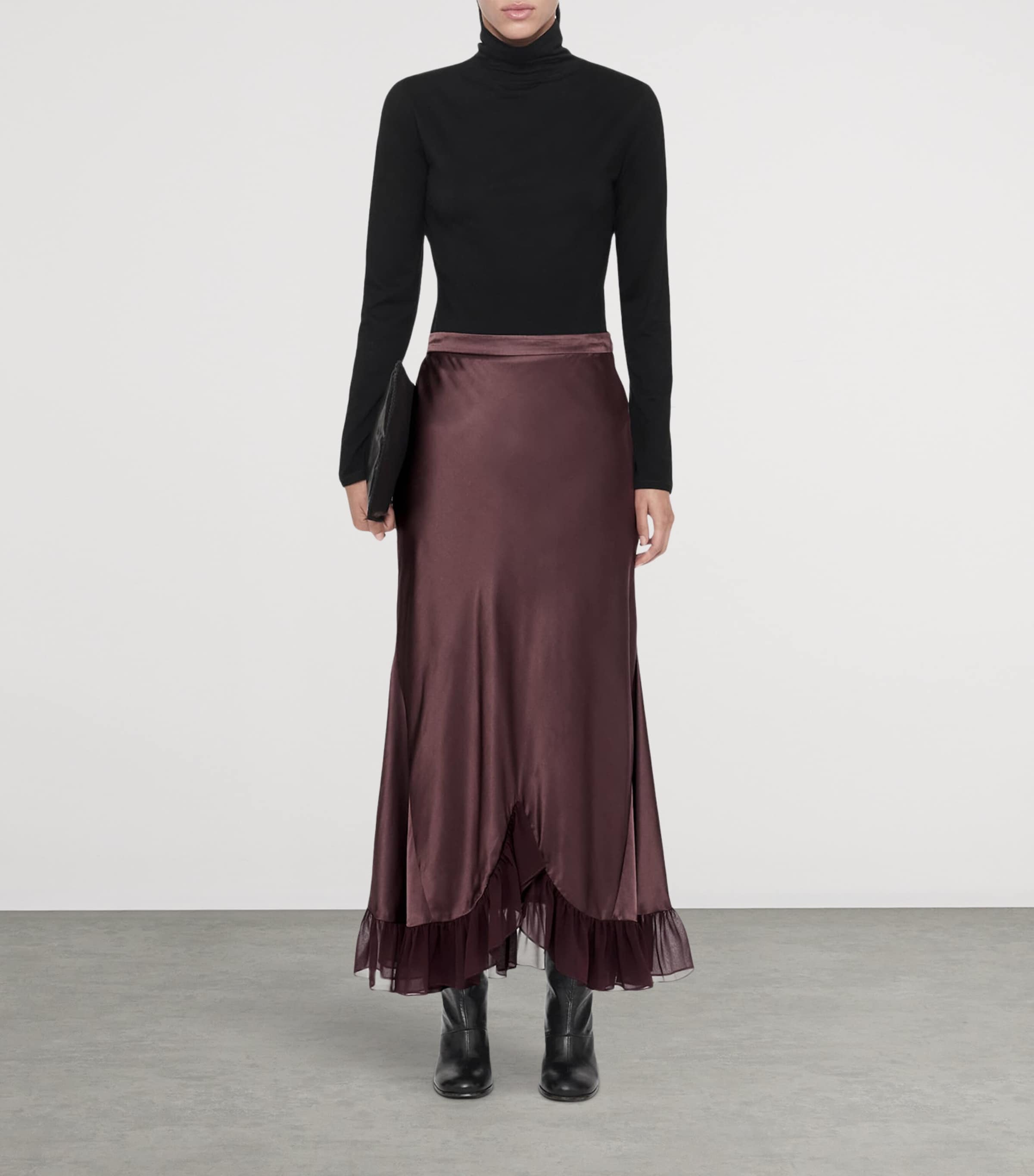 AllSaints Womens Satin Ruffle-Hem Irma Skirt Oxblood Red Image 5