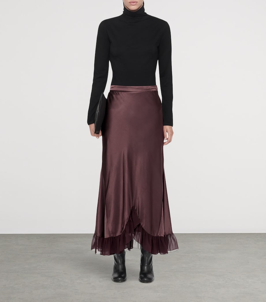 AllSaints Womens Satin Ruffle-Hem Irma Skirt Oxblood Red Image 5