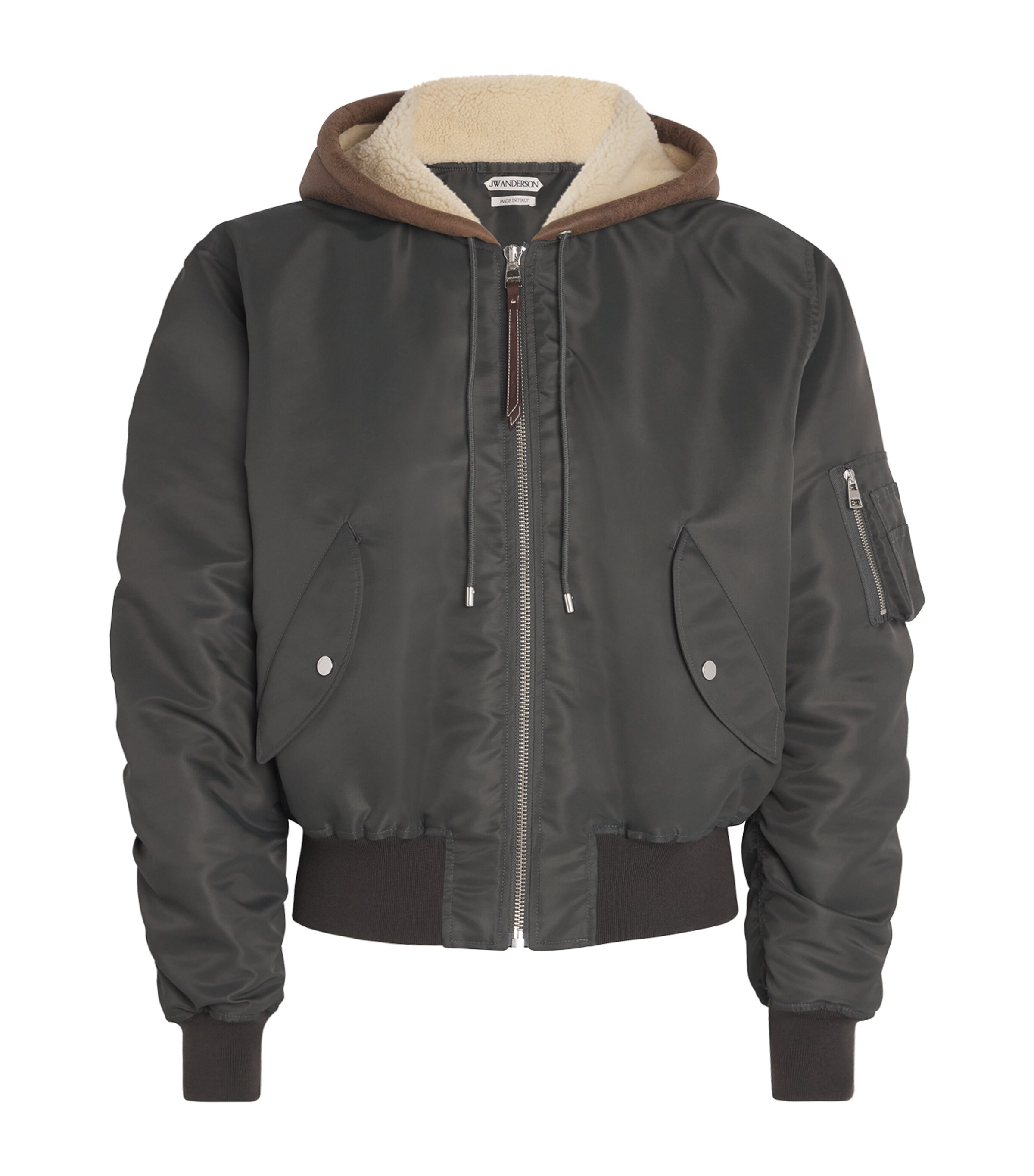 JW Anderson Mens Shearling-Hood Bomber Jacket Dark Khaki Image 1